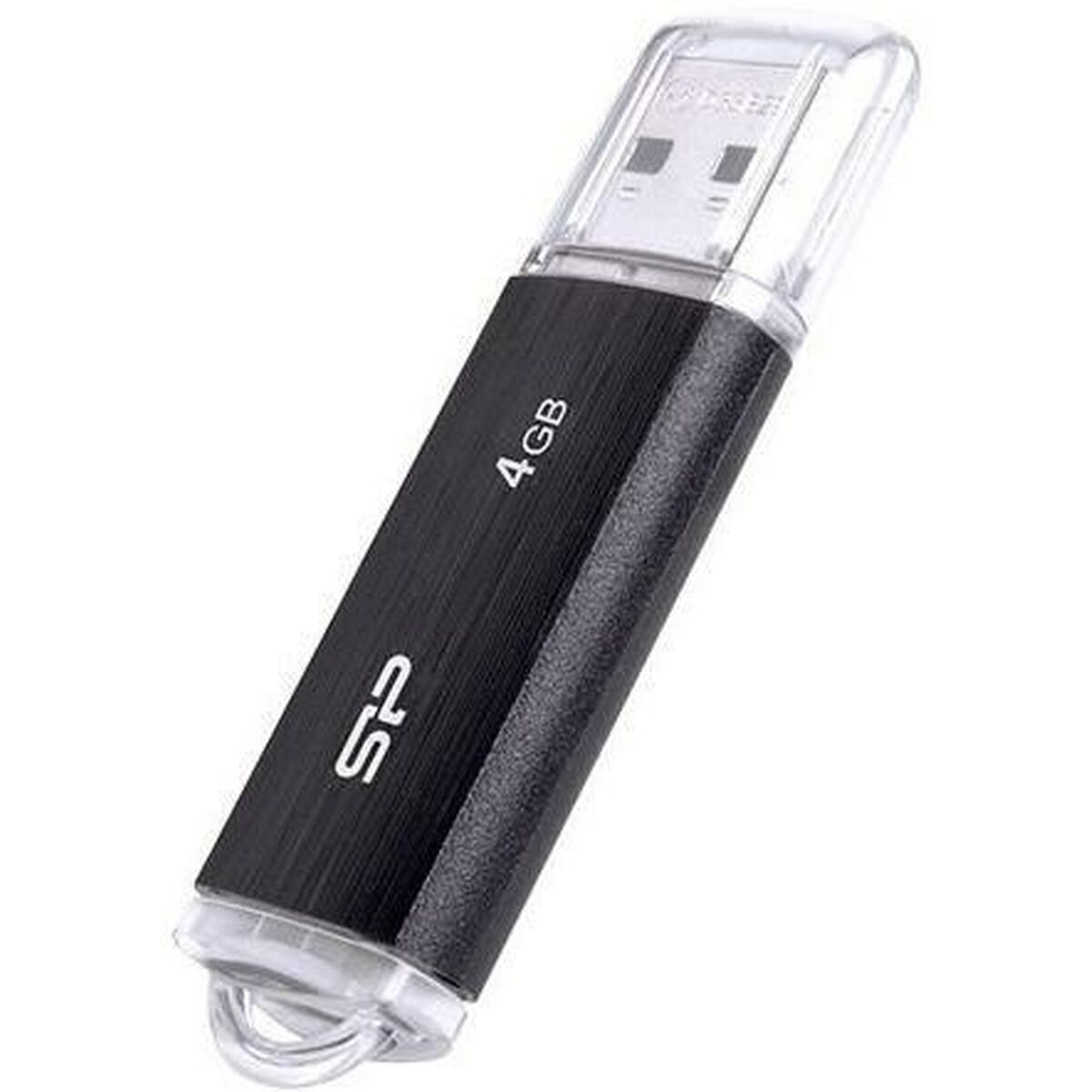 Czarny pendrive 4 GB z logo SP i przezroczystą nasadką ochronną na białym tle.