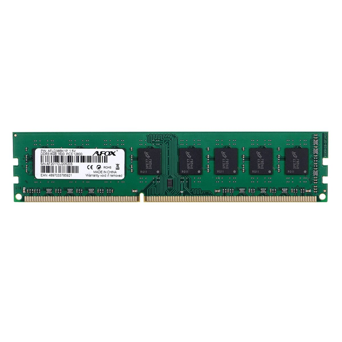 Zielona kość pamięci RAM DDR3 z czarną etykietą AFOX i chipami na białym tle.