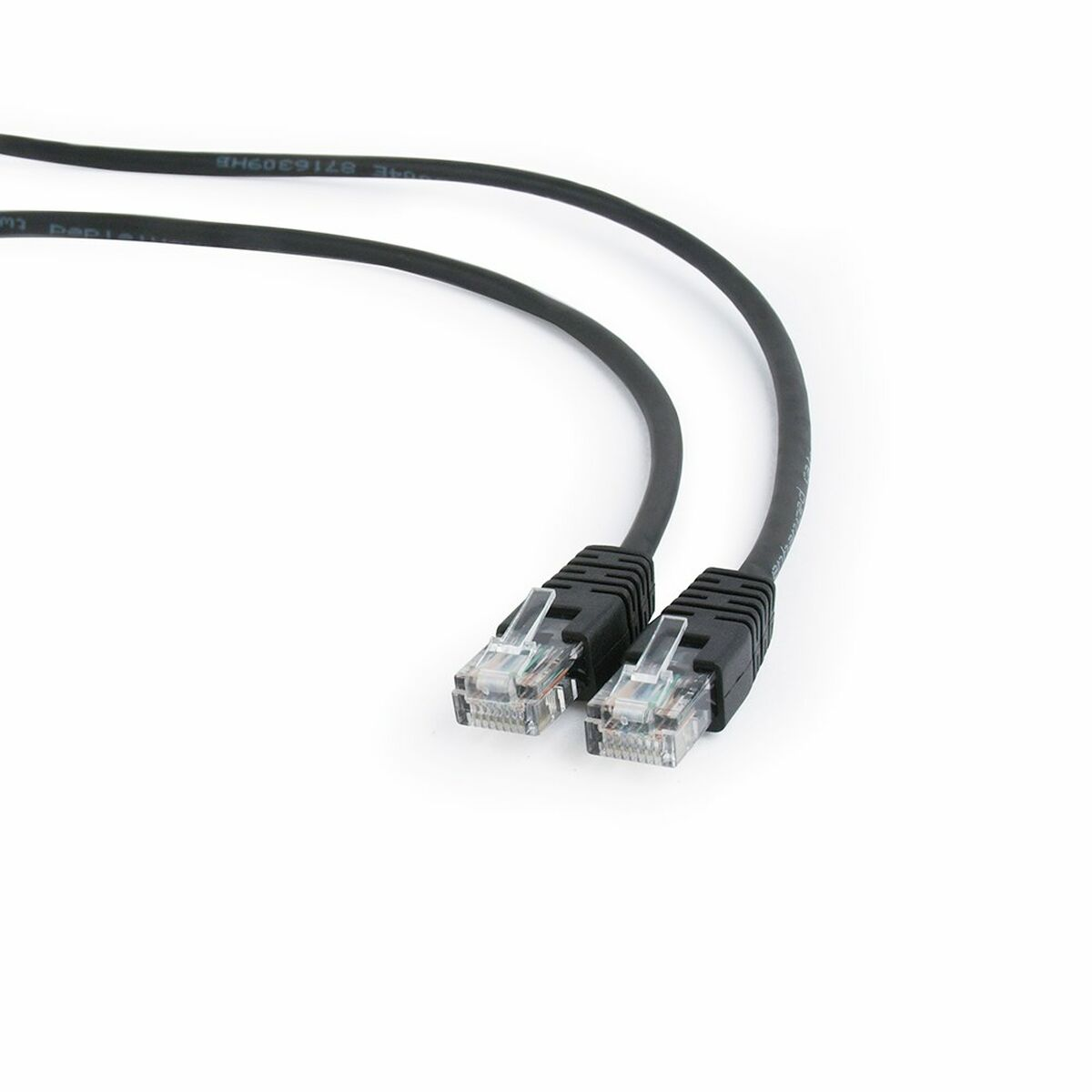 Dos cables Ethernet negros con conectores RJ45 sobre fondo blanco.