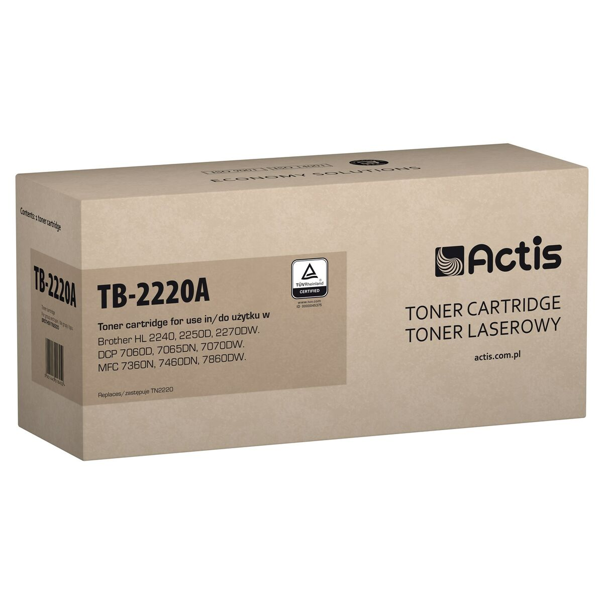 Pudełko z tonerem Actis oznaczone jako TB-2220A na jasnym tle.