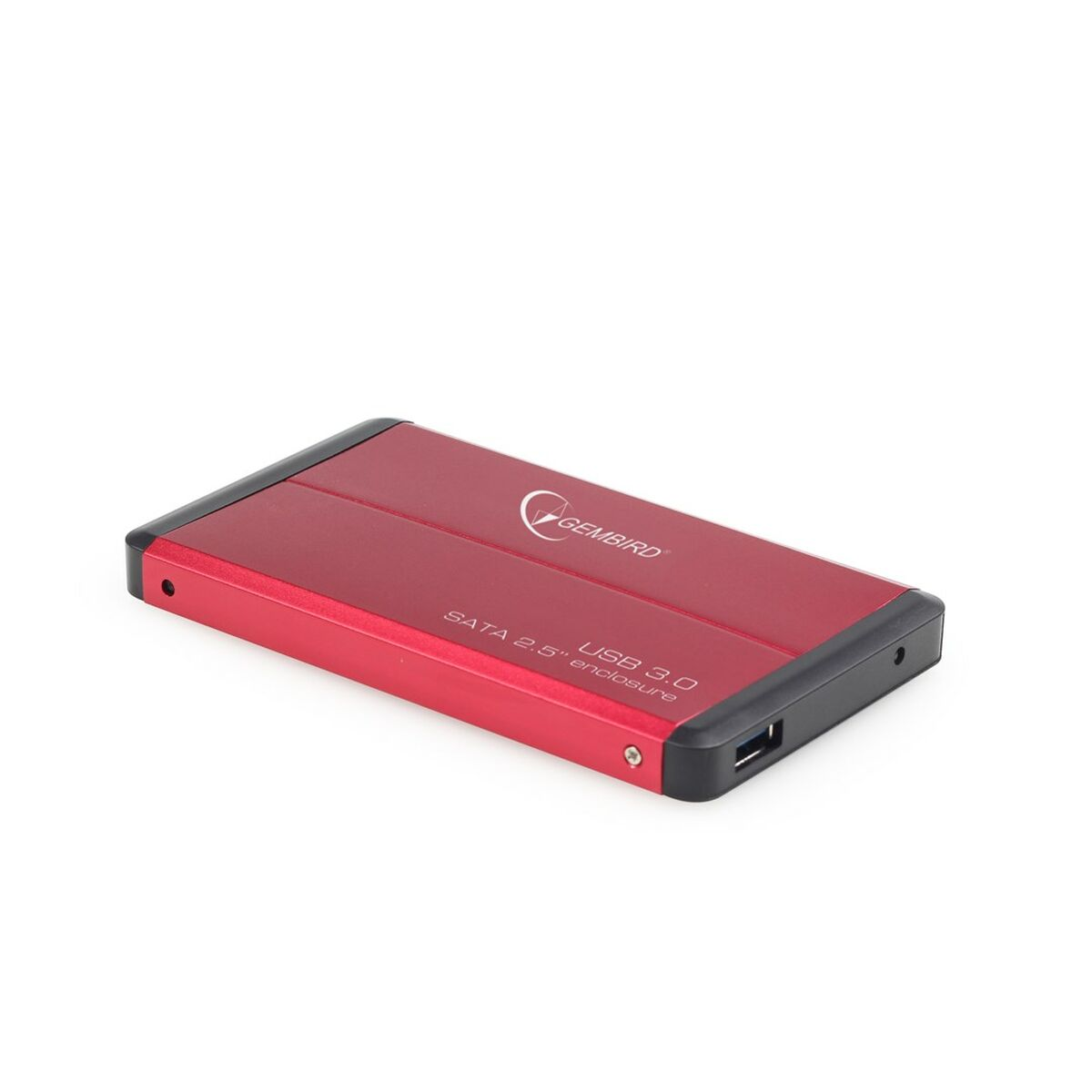 Czerwona obudowa dysku twardego Gembird USB 3.0 SATA 2,5" z czarnymi końcami na białym tle.