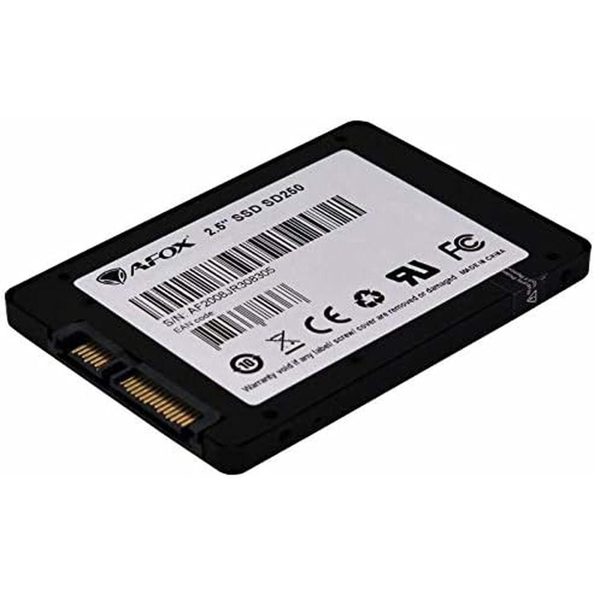 A black 2.5-inch Afox SSD drive with a white label, barcode, and SATA connectors shown against a white background.