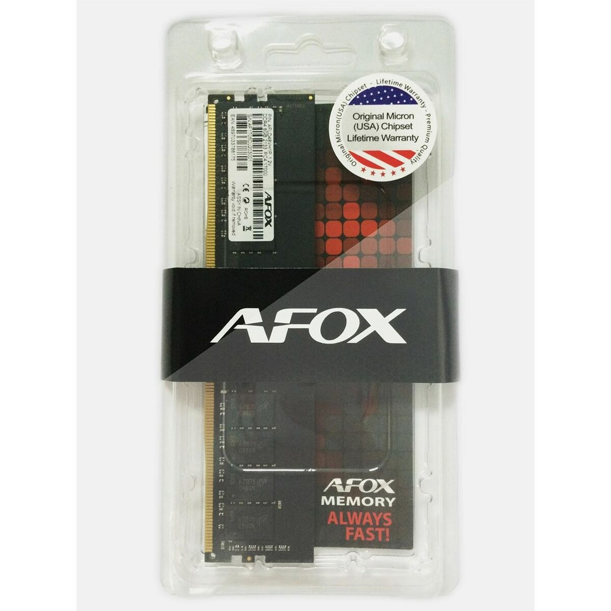Memoria RAM Afox in confezione blister trasparente con adesivo della bandiera statunitense.