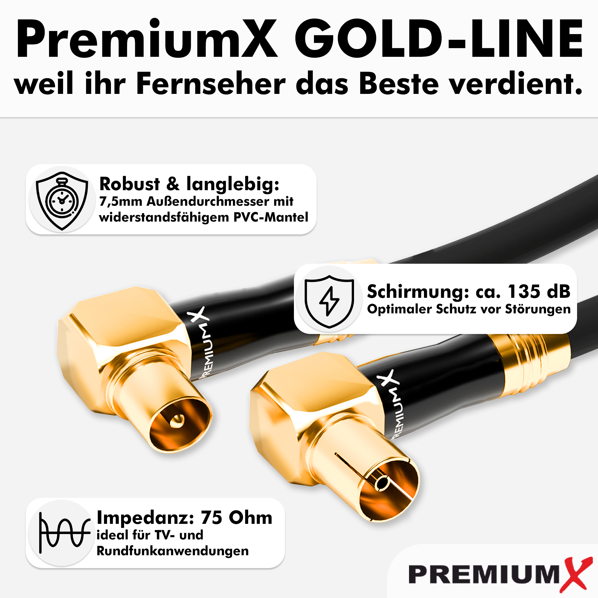 Zwei schwarze Antennenkabel mit goldenen Steckerwinkeln und Textfeldern mit deutschen Produktdetails.