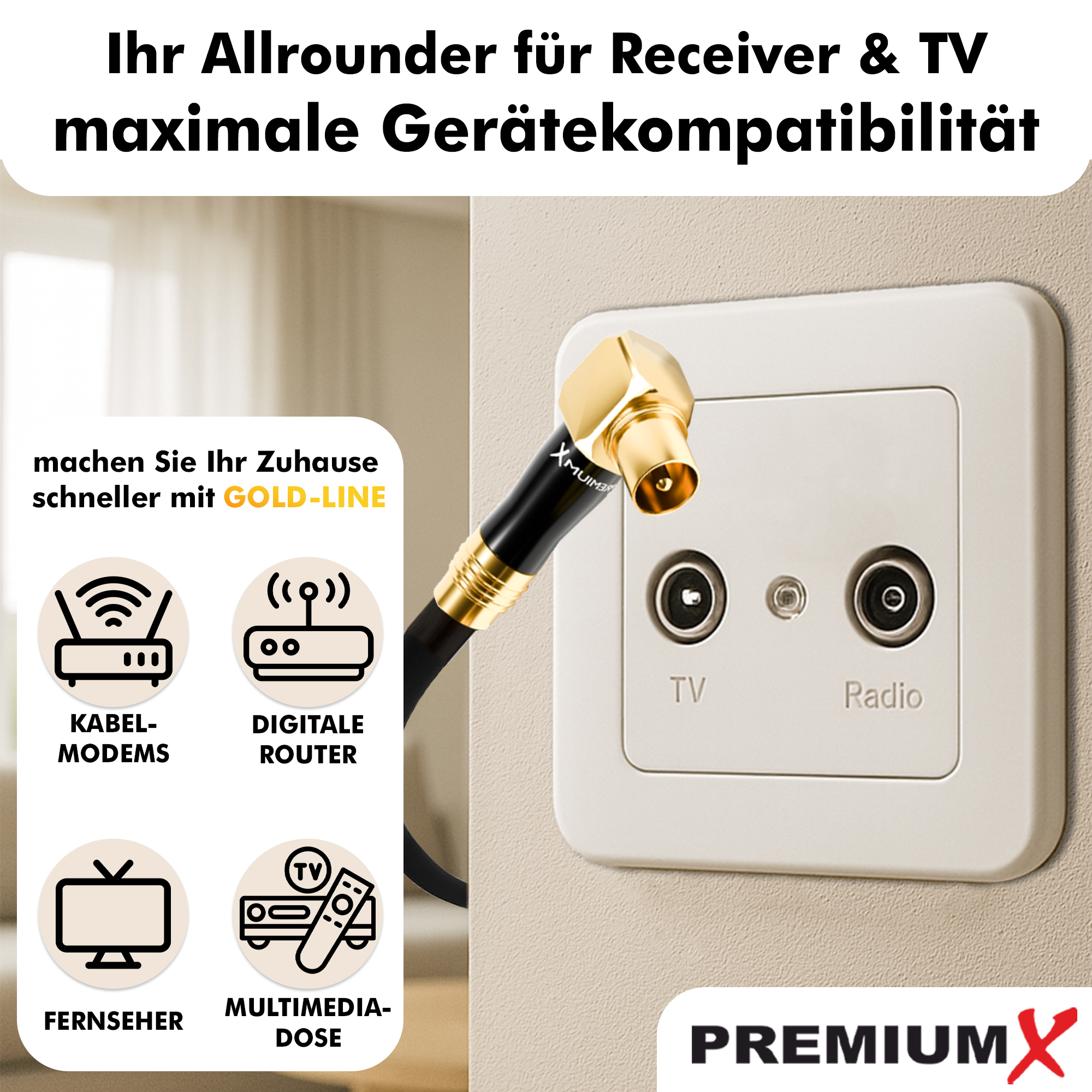 Ein gold-schwarzer Koaxialkabelstecker in einer weißen TV- und Radio-Wanddose, mit Textüberlagerungen.