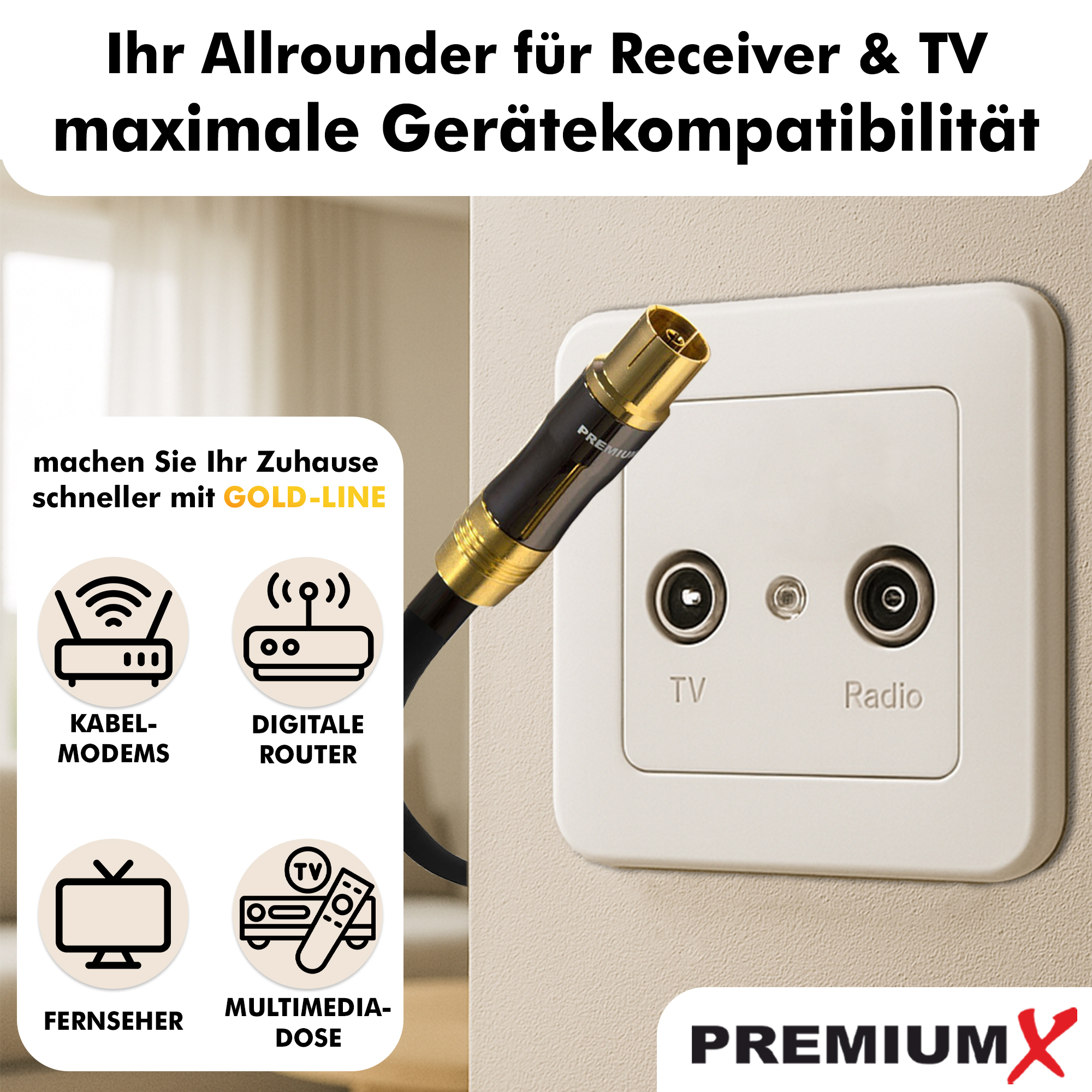 Ein Antennenkabel wird an eine TV- und Radio-Wanddose angeschlossen, umgeben von Kompatibilitätssymbolen.