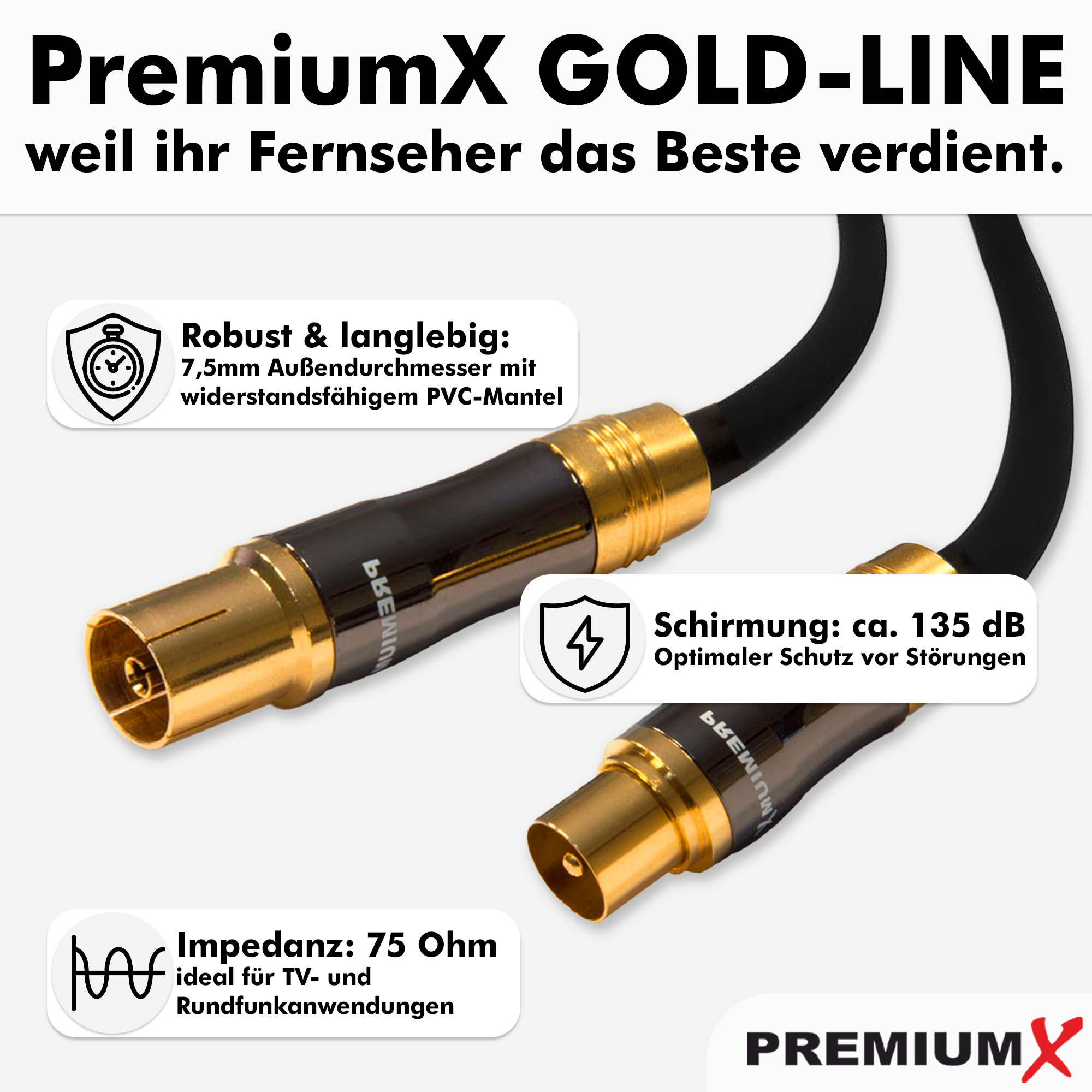 PremiumX Gold-Line Koaxialkabel mit vergoldeten Anschlüssen und technischen Merkmalen auf Deutsch.
