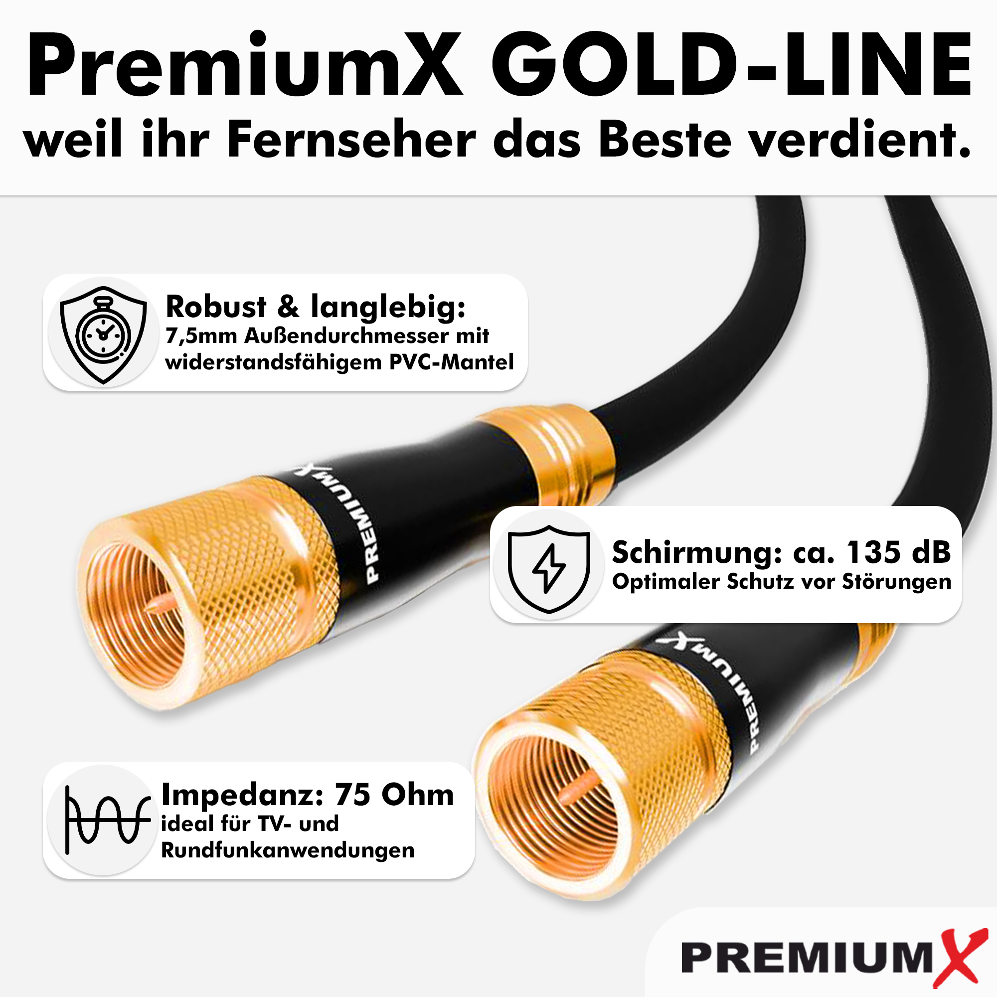 PremiumX Gold-Line Antennenkabel mit vergoldeten Steckern und technischen Produktdetails.