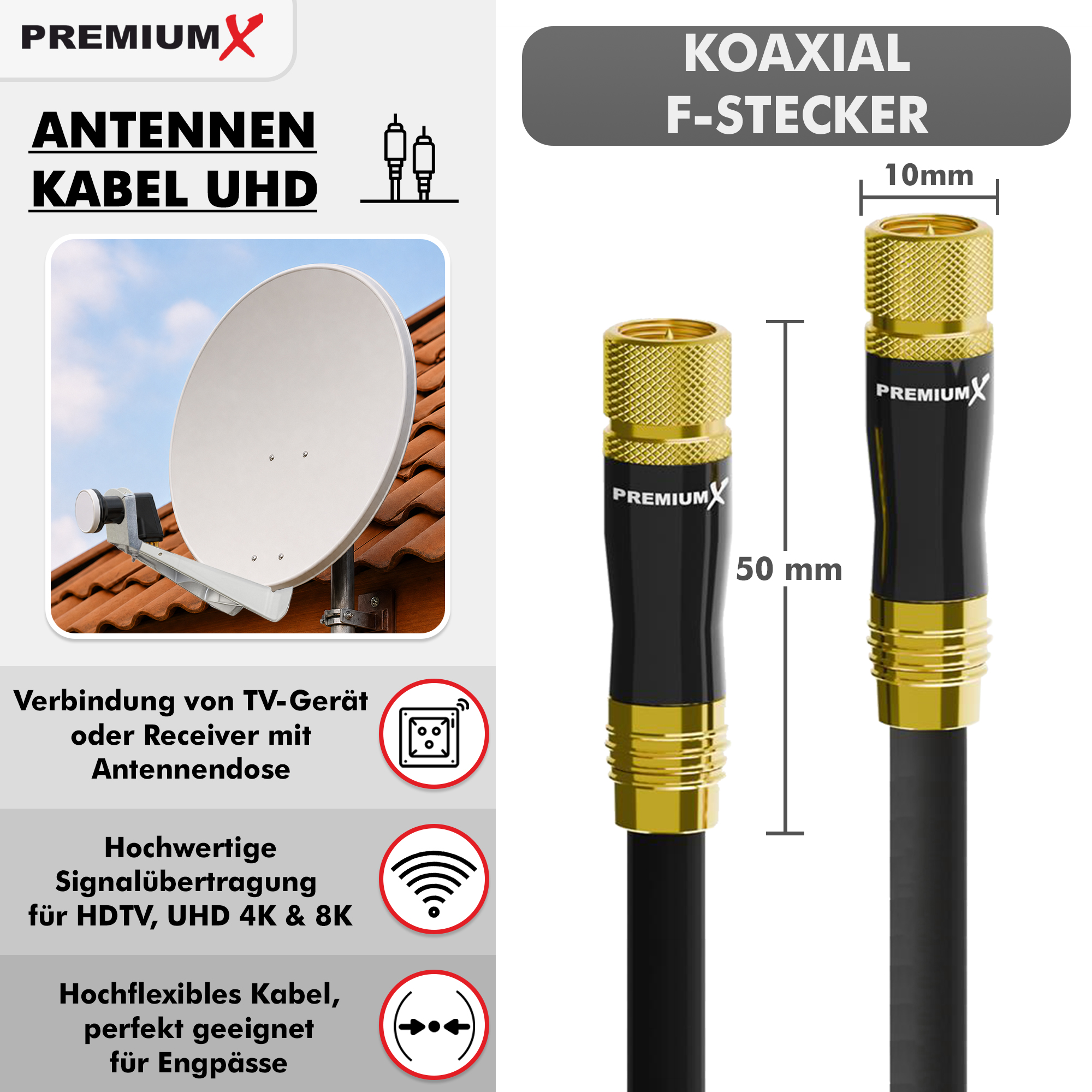 Produktwerbung für PremiumX Koaxial F-Stecker und Antennenkabel mit Maßangaben und Satellitenschüssel.