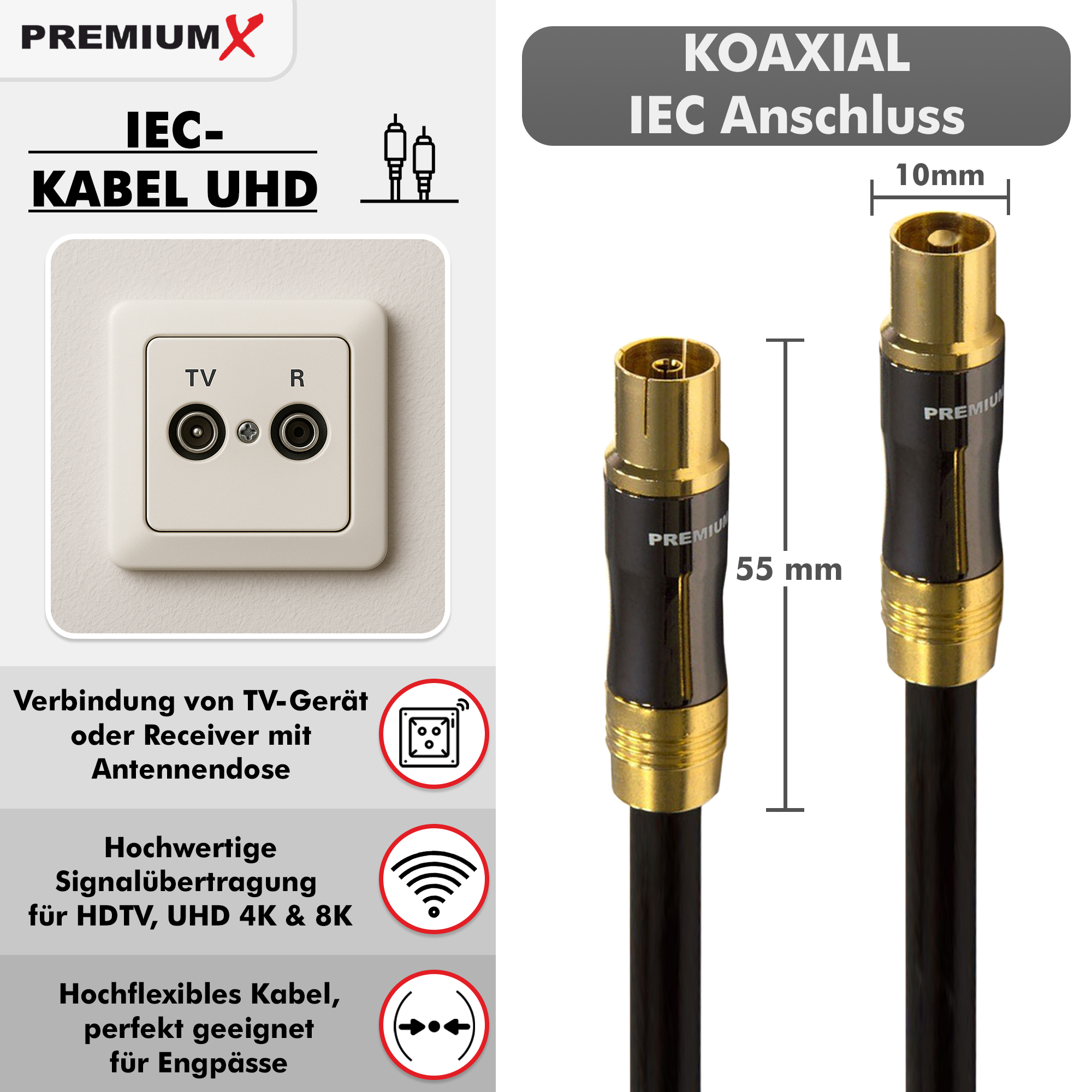 PremiumX Koaxial IEC Anschlusskabel UHD, Maße und Anschlüsse für TV und Radio.
