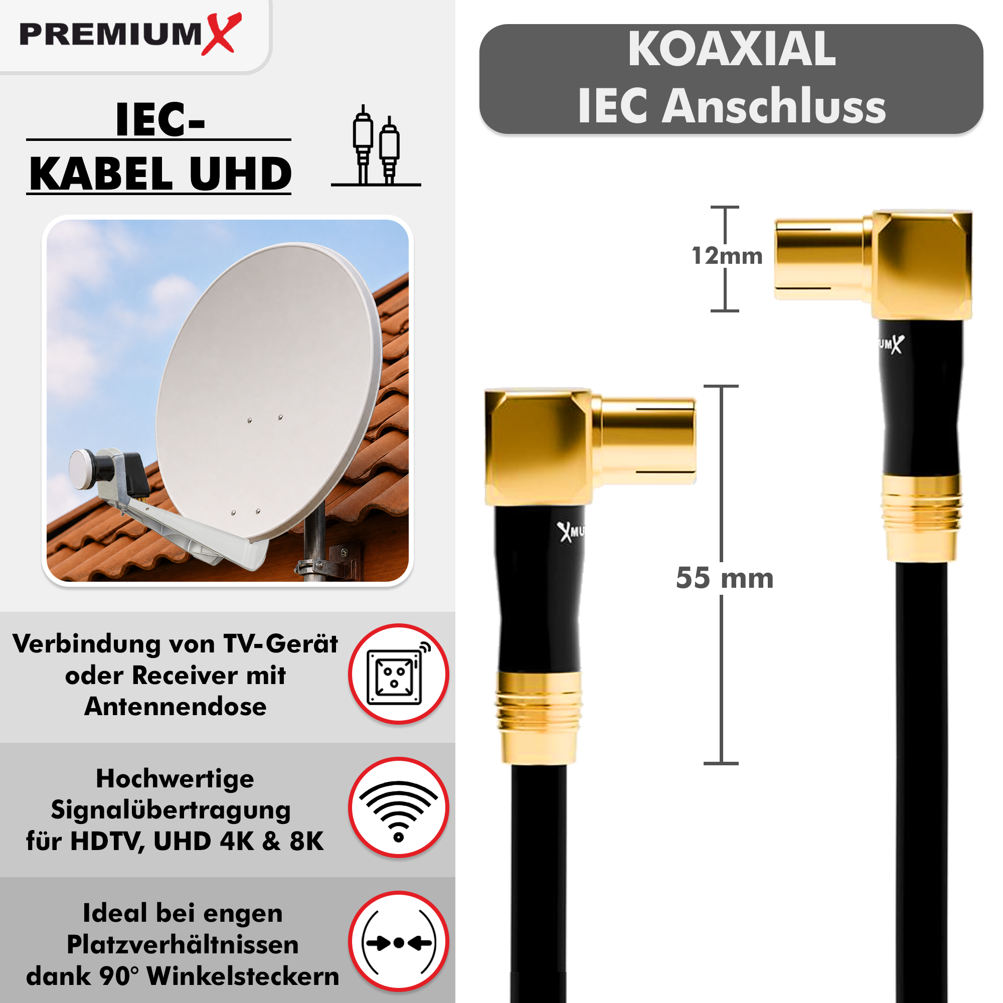 Produktbild eines Koaxial-IEC-Kabels mit 90-Grad-Steckern, Maßen, Satellitenschüssel und Text.