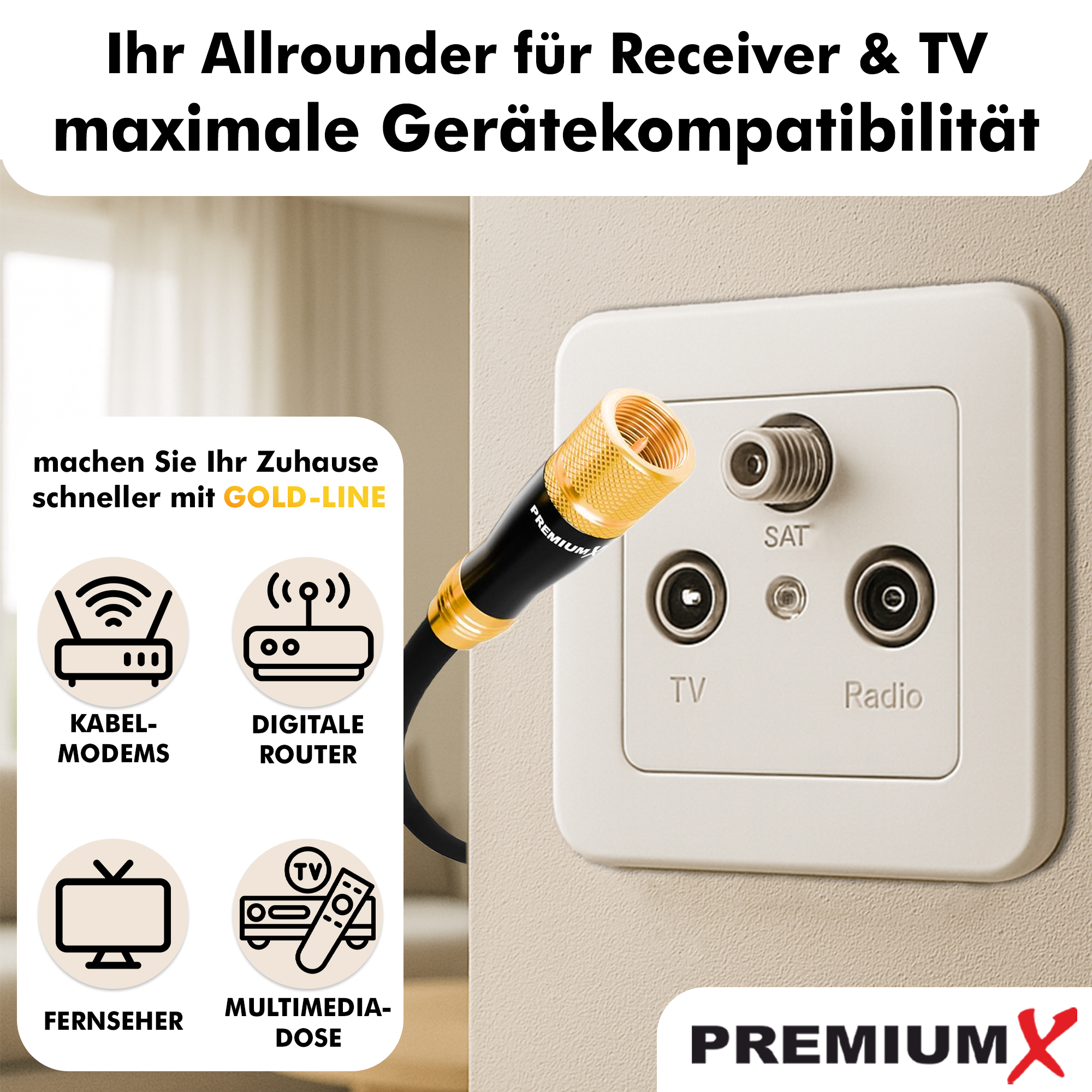 PREMIUMX 2m Sat-Kabel – Satelliten-Kabel, Antennenkabel, Koaxialkabel TV Kupfer mit vergoldeten F-Steckern Antennenkabel