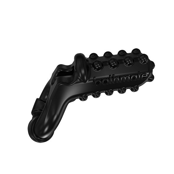 Un accesorio Bathmate negro texturizado con asa y protuberancias, sobre fondo blanco.