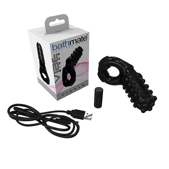 Set de anillo vibrador Bathmate negro con caja, cable USB y accesorios en fondo blanco.