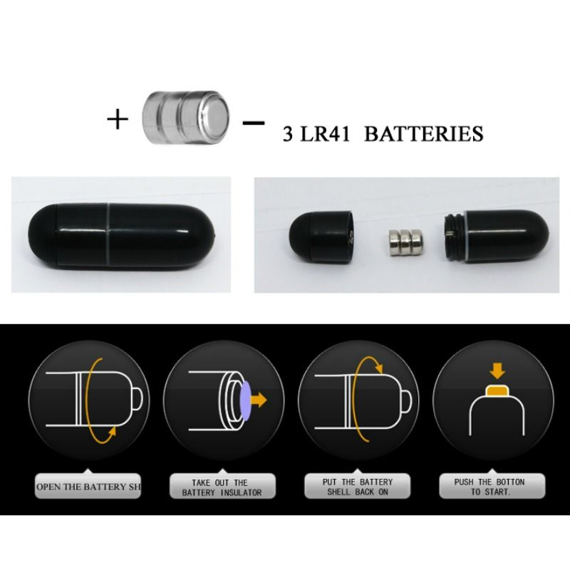 Anleitung zum Einlegen von drei LR41 Batterien in ein schwarzes stiftförmiges Gerät mit Kappe.