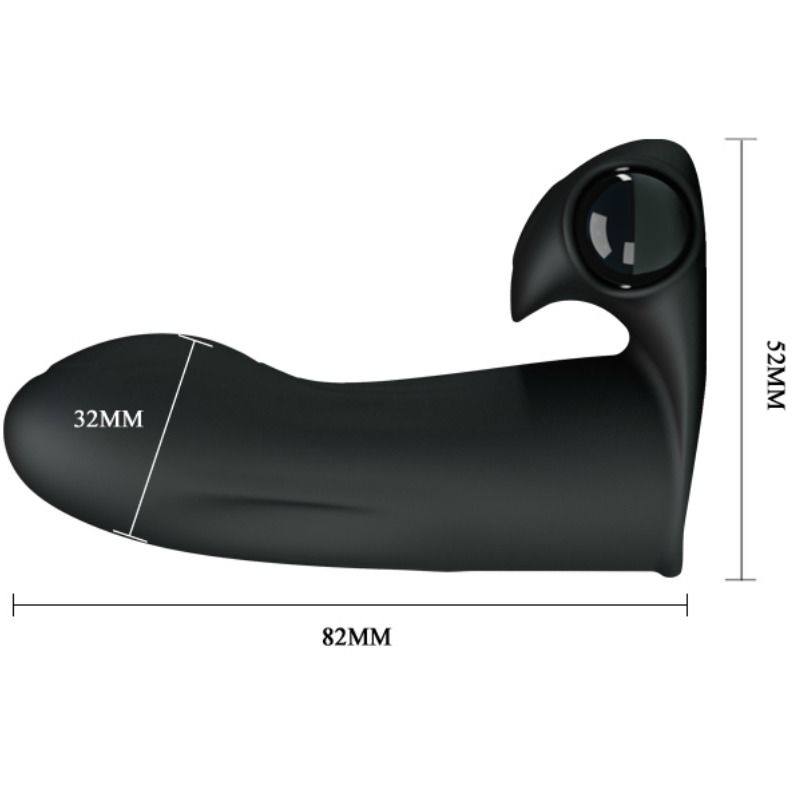 Schwarzes ergonomisches Gerät mit Maßen: 82mm Länge, 32mm Breite und 52mm Höhe.
