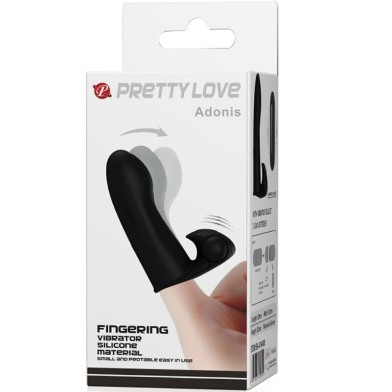 Weiße und schwarze Produktverpackung für den Pretty Love Adonis Finger-Vibrator.