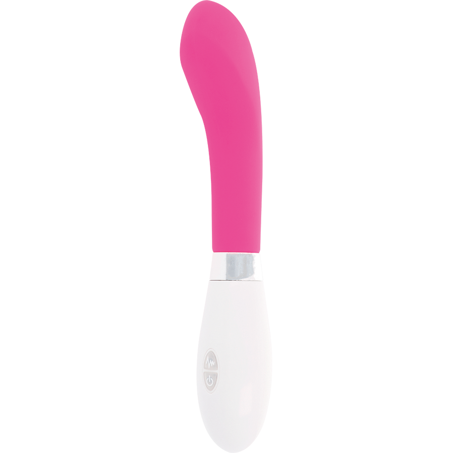 Ein rosa-weißer Stabvibrator mit geschwungener Spitze und silbernem Akzent vor weißem Hintergrund.