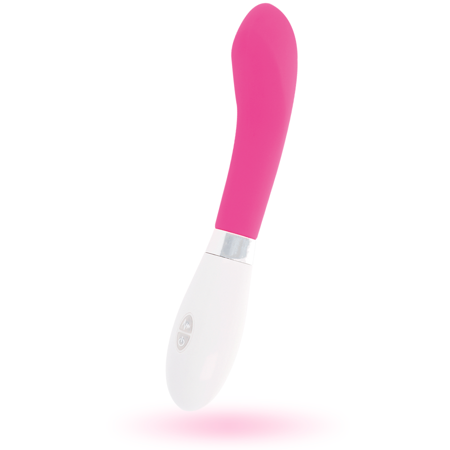 Ein pink-weißes Vibrator-Spielzeug mit silbernem Akzent und Steuerungsknöpfen auf weißem Hintergrund.