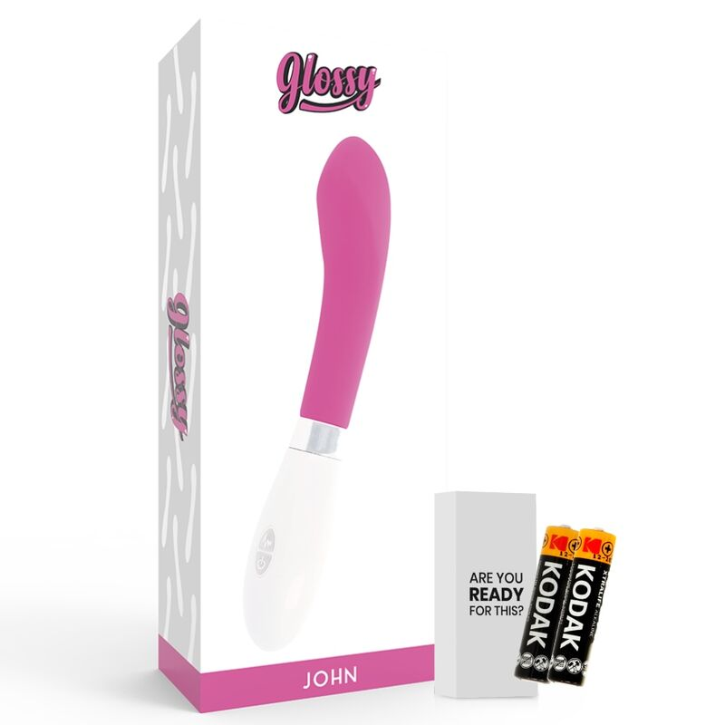 Ein rosa-weißer Glossy Vibrator mit Verpackung und zwei Kodak Batterien auf weißem Grund.