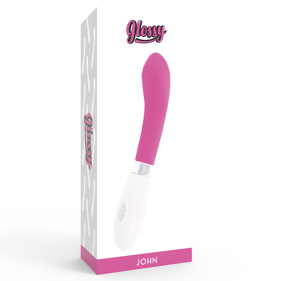 Ein rosa-weißer Glossy John Vibrator steht in seiner weißen Verpackung.