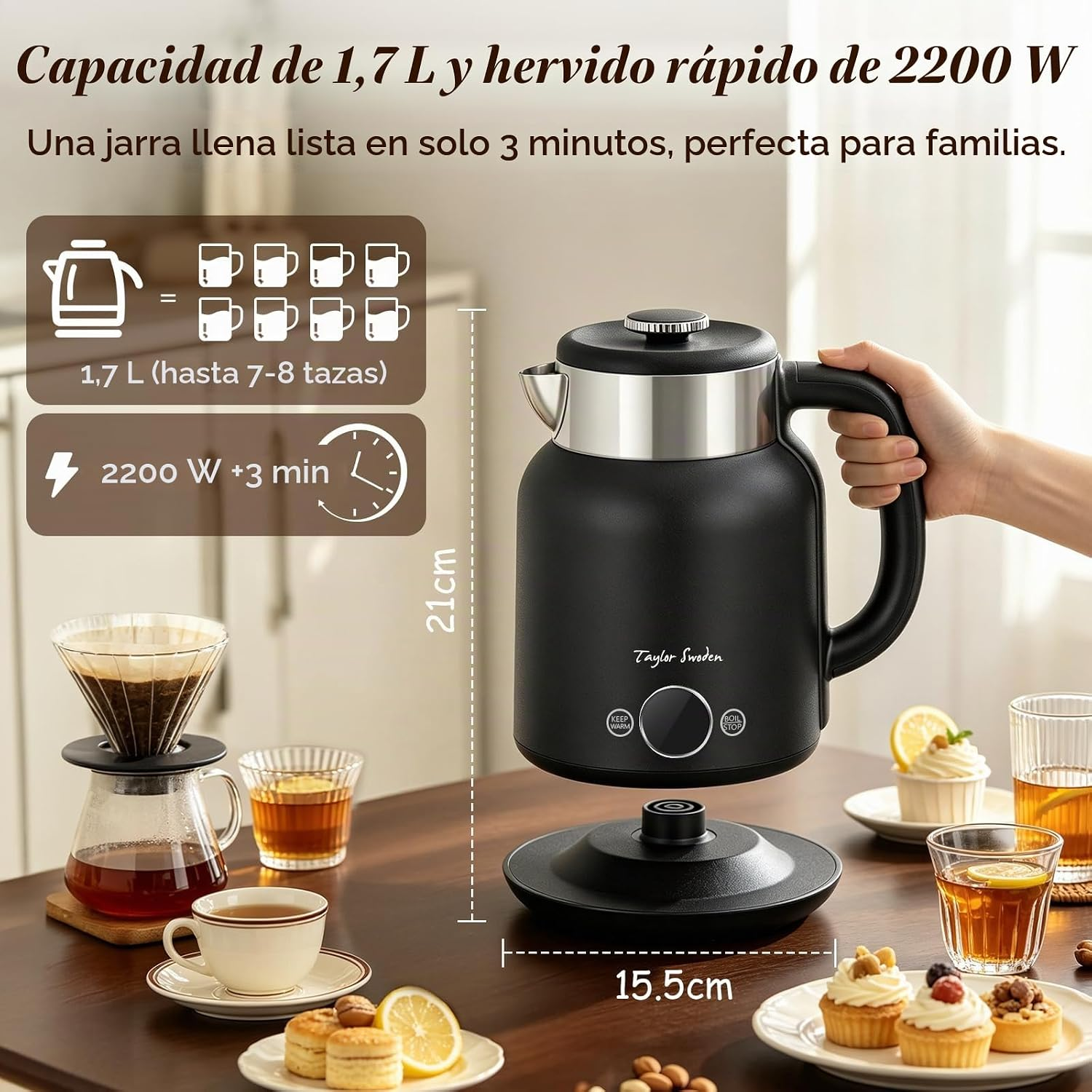 Hervidor negro Taylor Swoden en mesa, rodeado de tazas de té, pastelitos y gráficos de características.