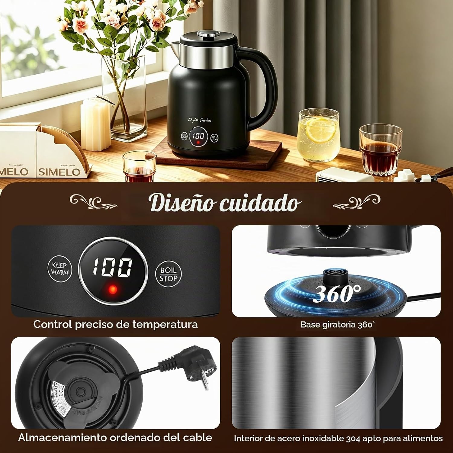 Un hervidor eléctrico negro en una mesa de madera, con cuatro fotos detalladas que muestran funciones como pantalla digital y base 360.