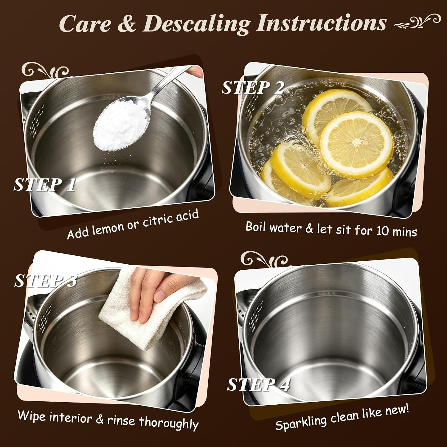 Guía de cuatro pasos para descalcificar un hervidor de acero inoxidable usando ácido cítrico y agua.