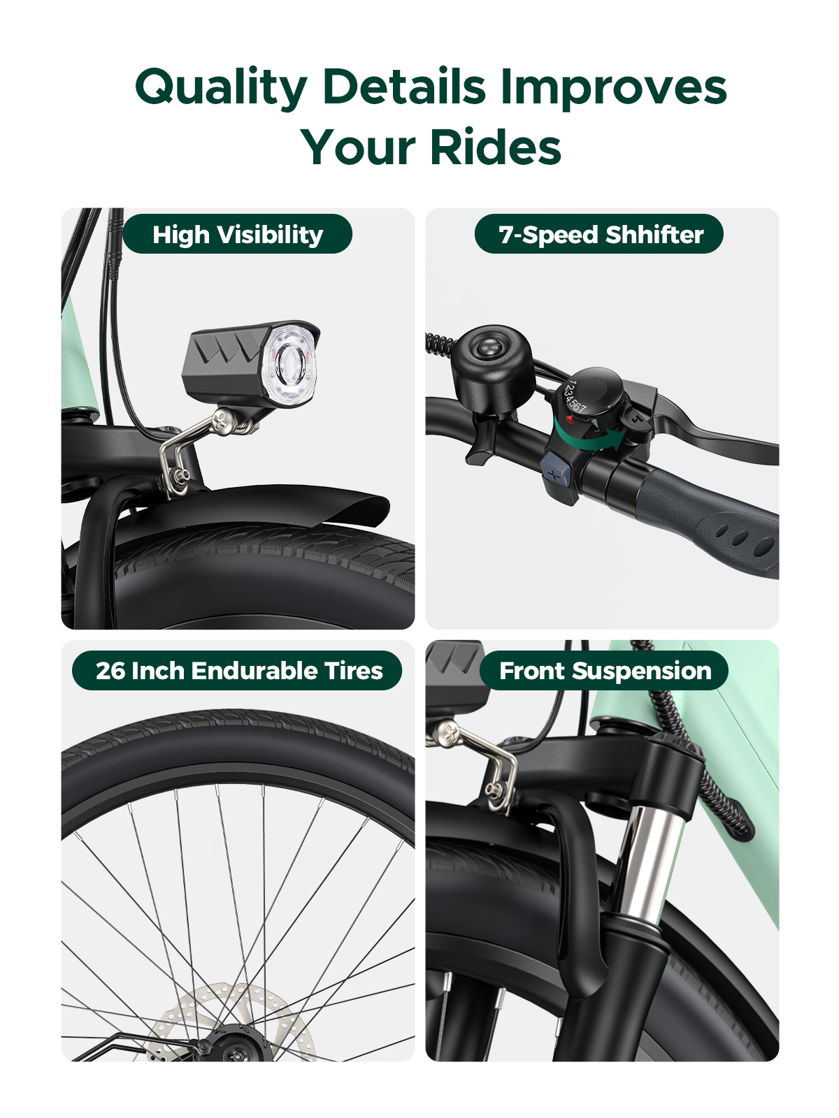 Cuatro imágenes muestran detalles de la e-bike: luz delantera, cambio de 7 velocidades, neumáticos de 26" y suspensión.