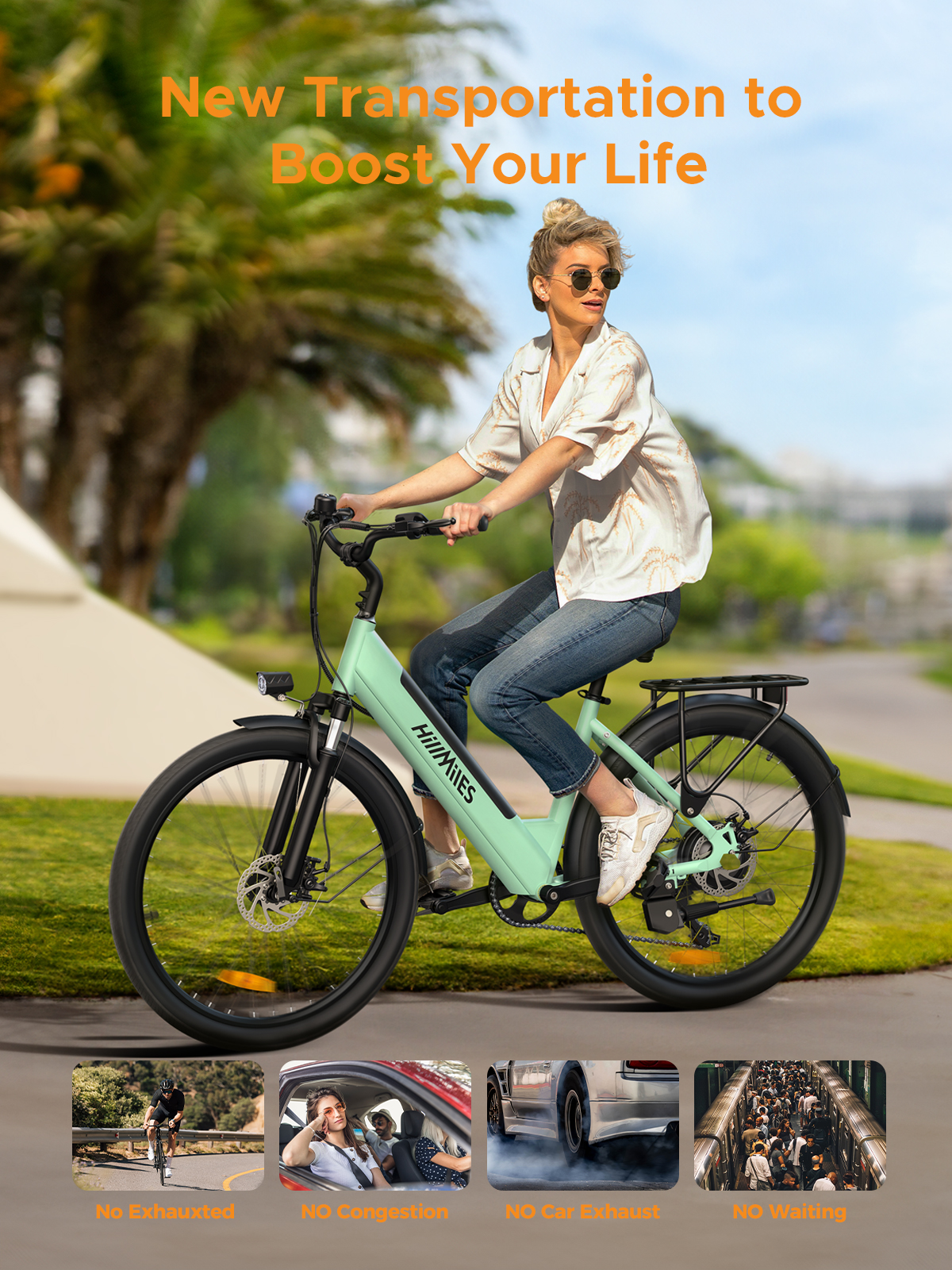 Una mujer rubia monta en una bicicleta eléctrica verde menta en un camino con árboles verdes al fondo.