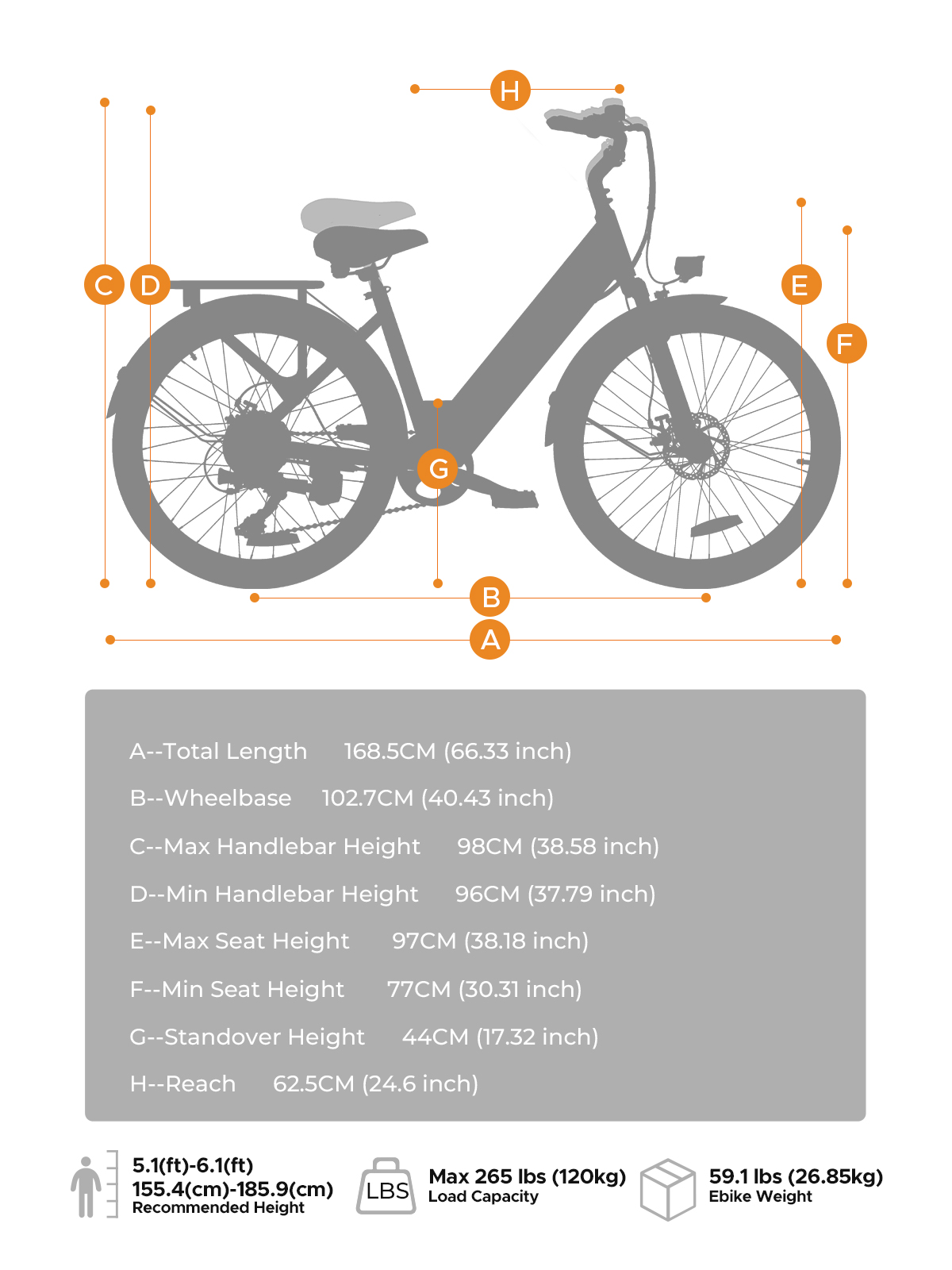 Diagrama de una bicicleta eléctrica que muestra dimensiones A a H, altura recomendada, peso y carga.