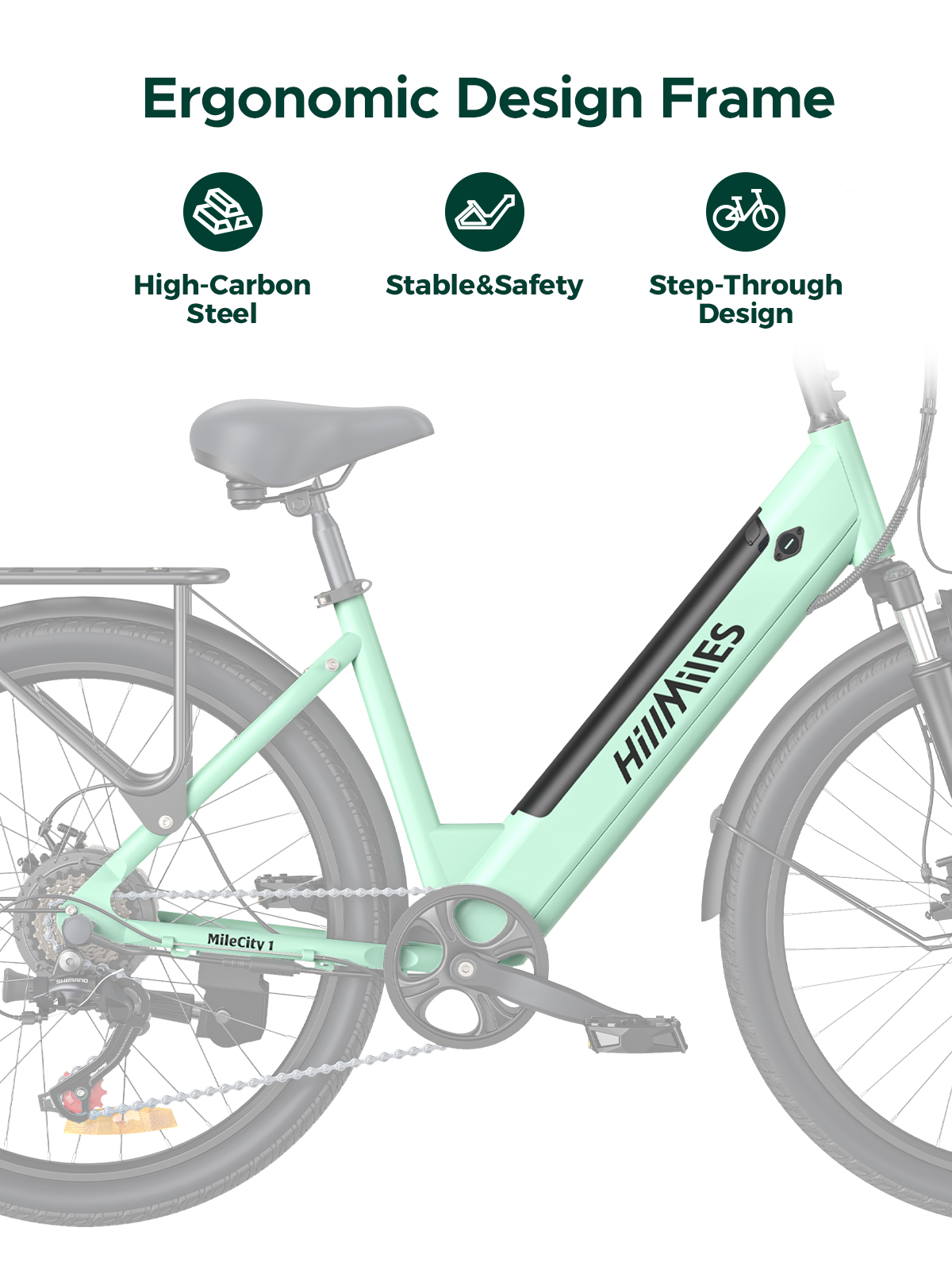 Una bicicleta eléctrica verde menta con diseño ergonómico, acero de alto carbono y cuadro bajo.