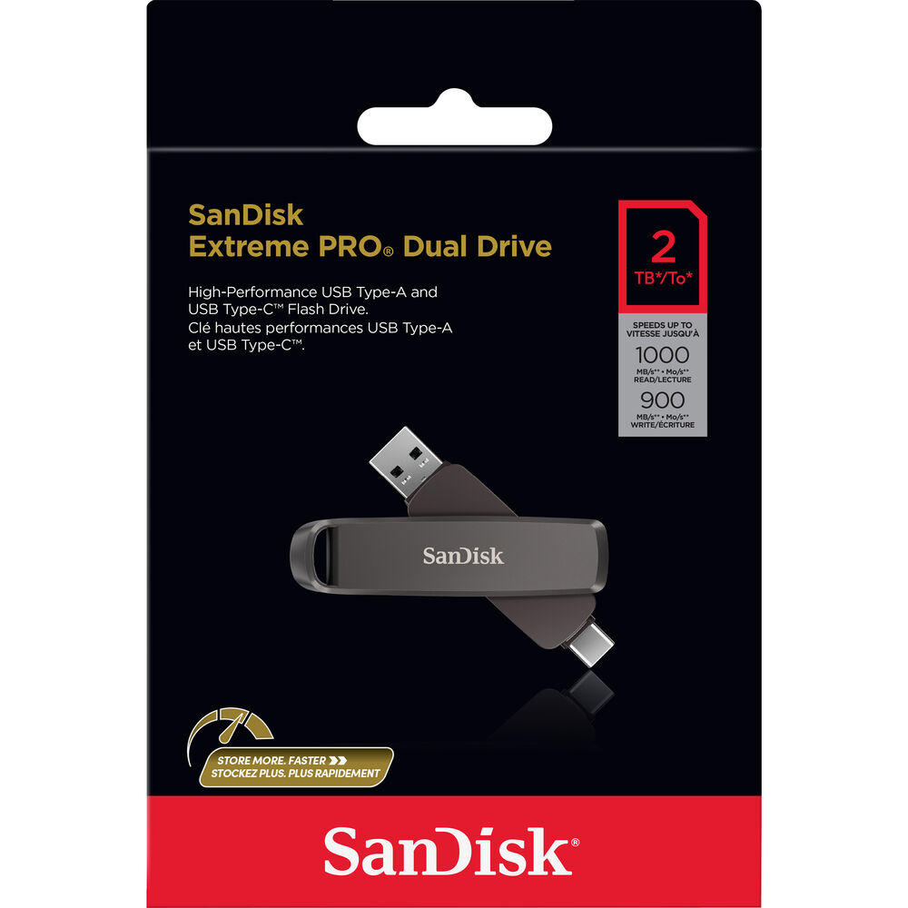 2 TB depolama kapasitesine sahip SanDisk Extreme PRO Dual Drive USB bellek perakende kutusu.