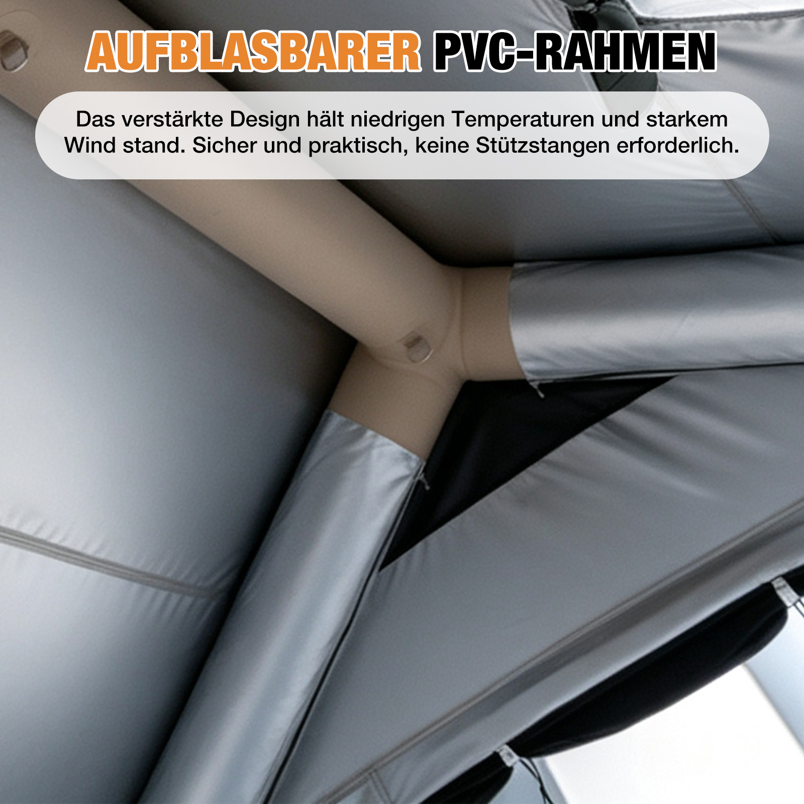 Inflatable PVC frame with reinforced design for wind and cold resistance.