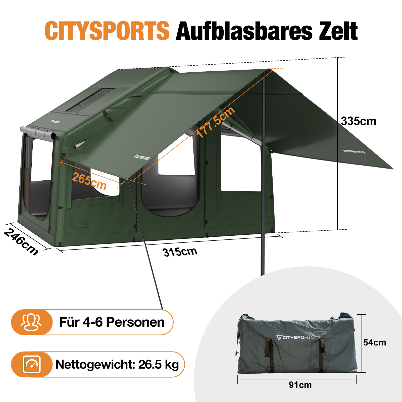 Grünes CITYSPORTS Aufblasbares Zelt mit Maßangaben, für 4-6 Personen, Nettogewicht 26,5 kg, Maße im Beutel 91x54 cm.