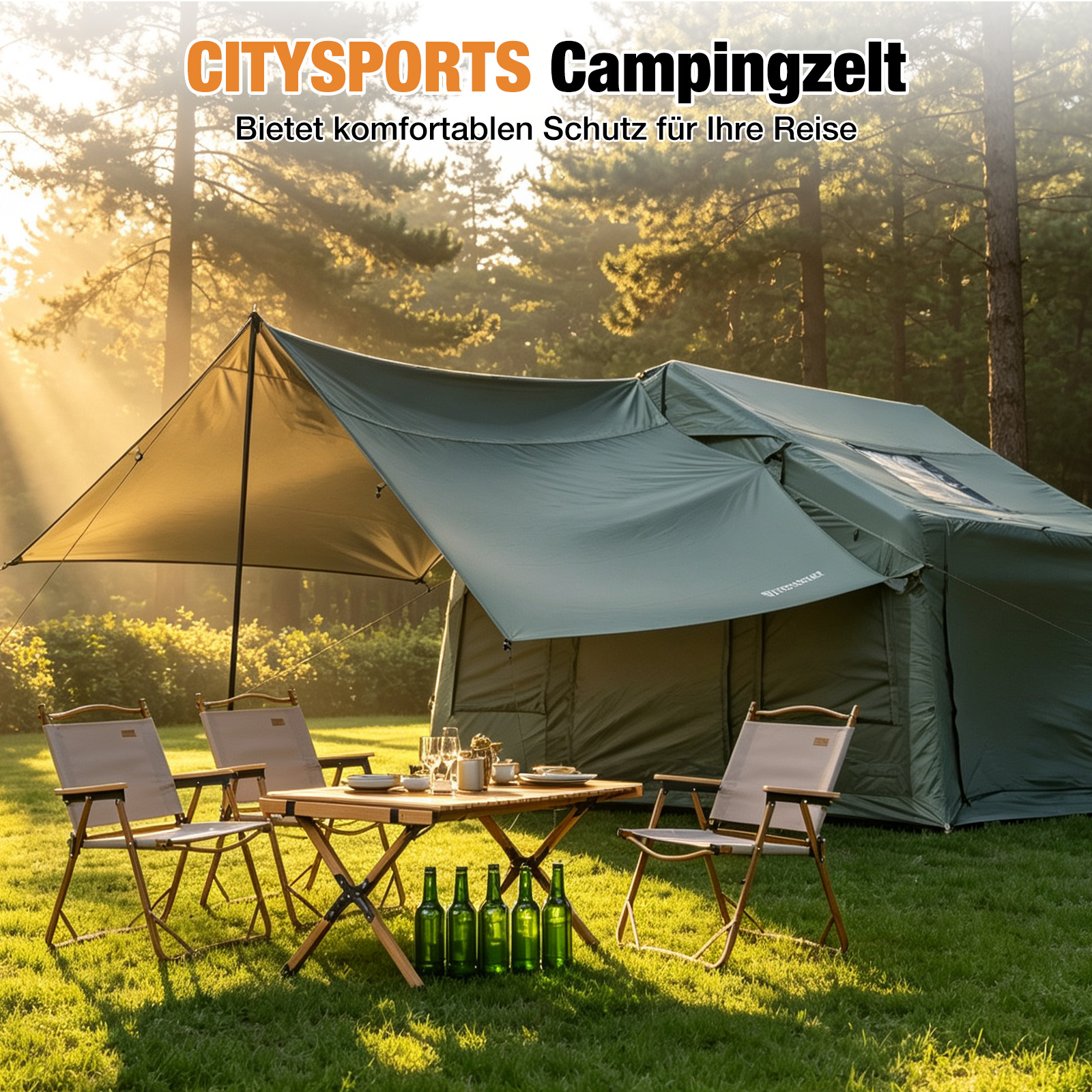 Gruenes Campingzelt mit Vordach, Esstisch und Stuehlen im Wald.