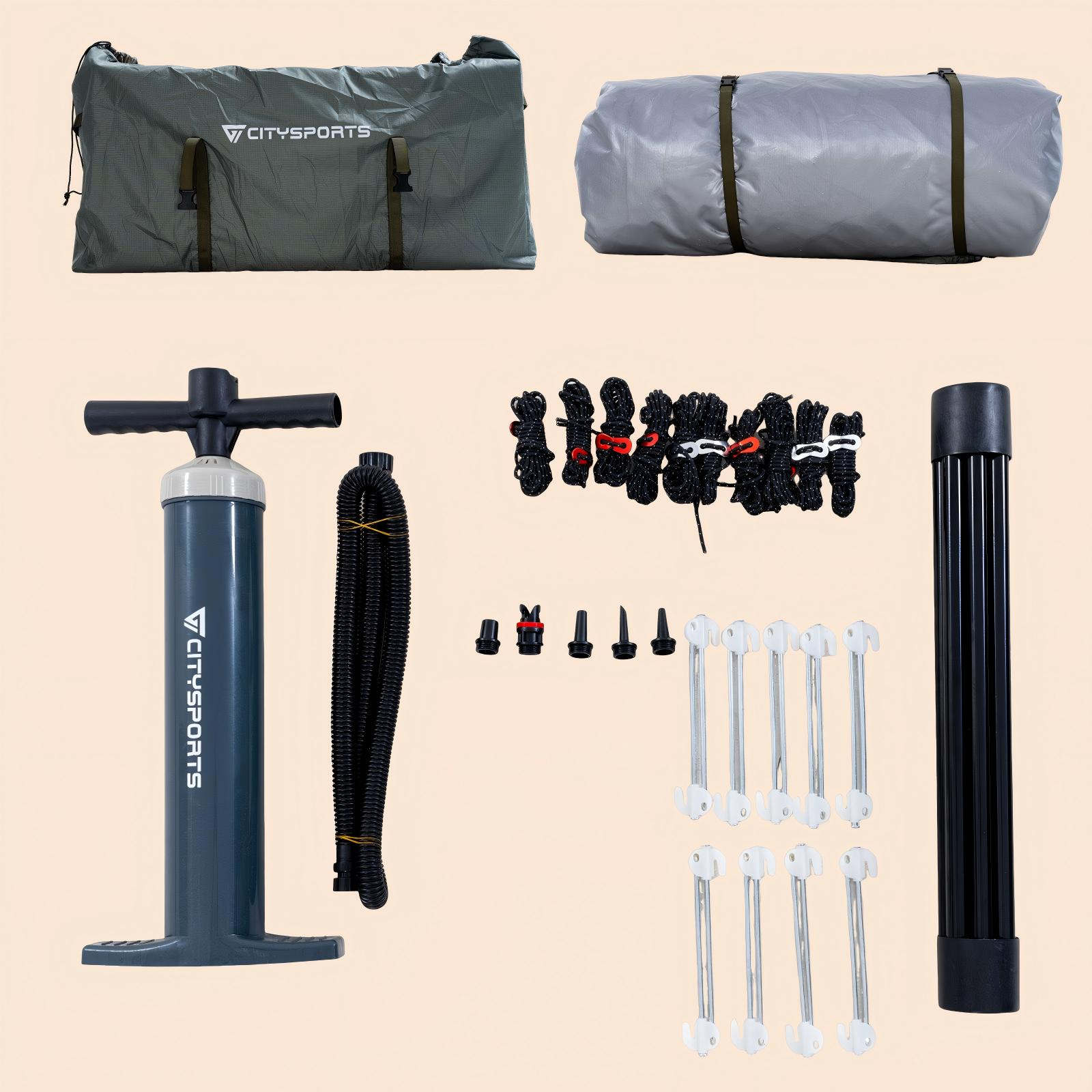 A tent set with bag, pump, ropes, pegs, and poles on beige.