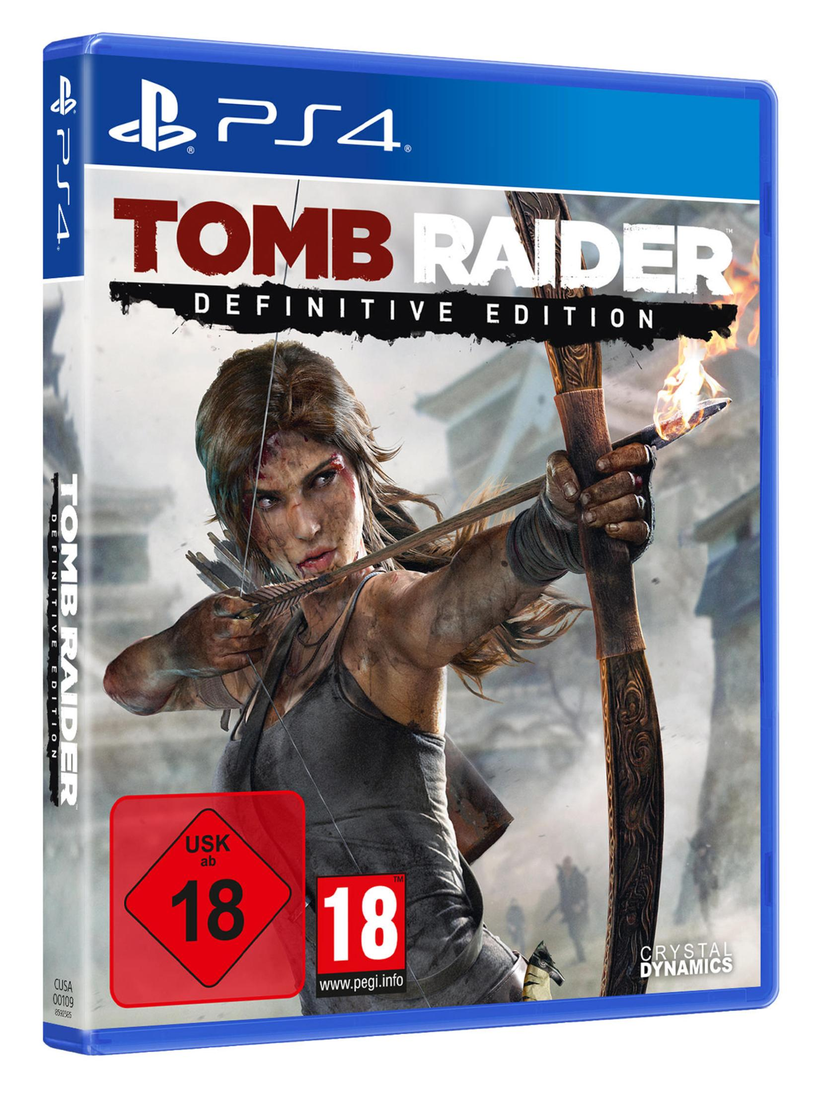 PS4-Spielhülle von Tomb Raider Definitive Edition zeigt Lara Croft mit einem brennenden Bogen.