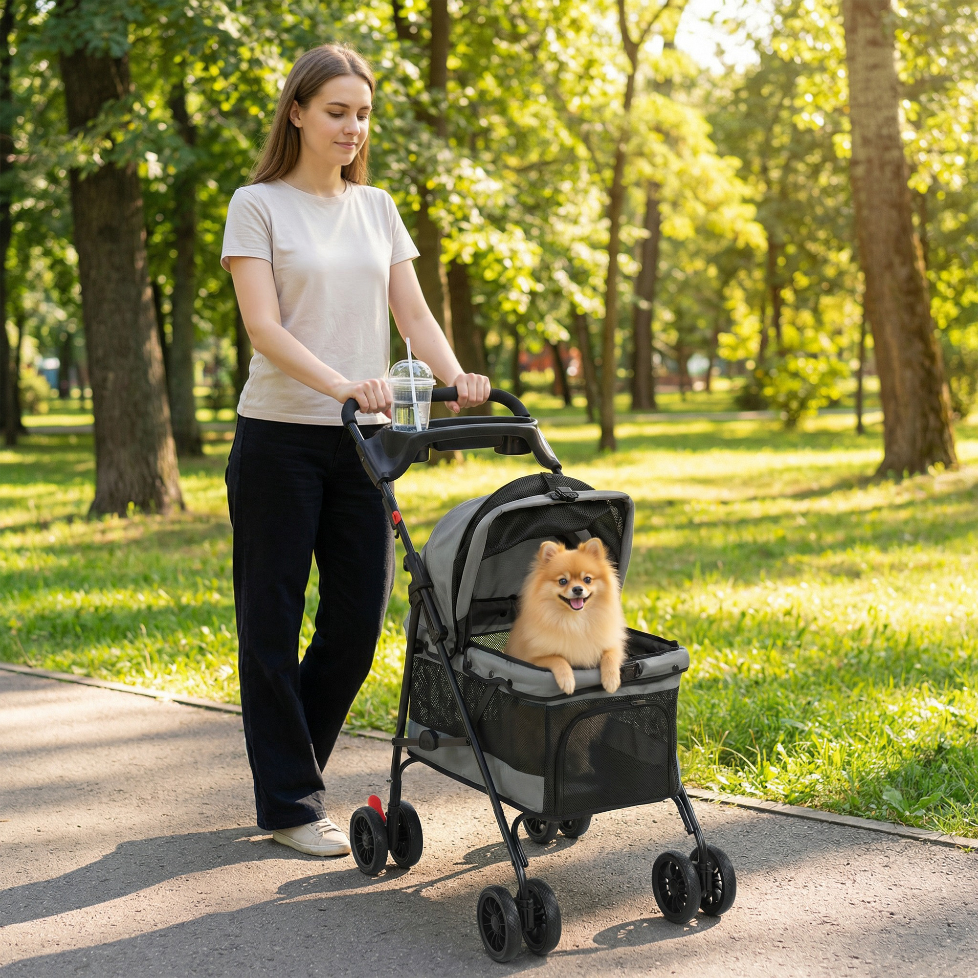 Una mujer empuja un carrito para mascotas con un pequeño perro pomerania dentro por un sendero del parque.