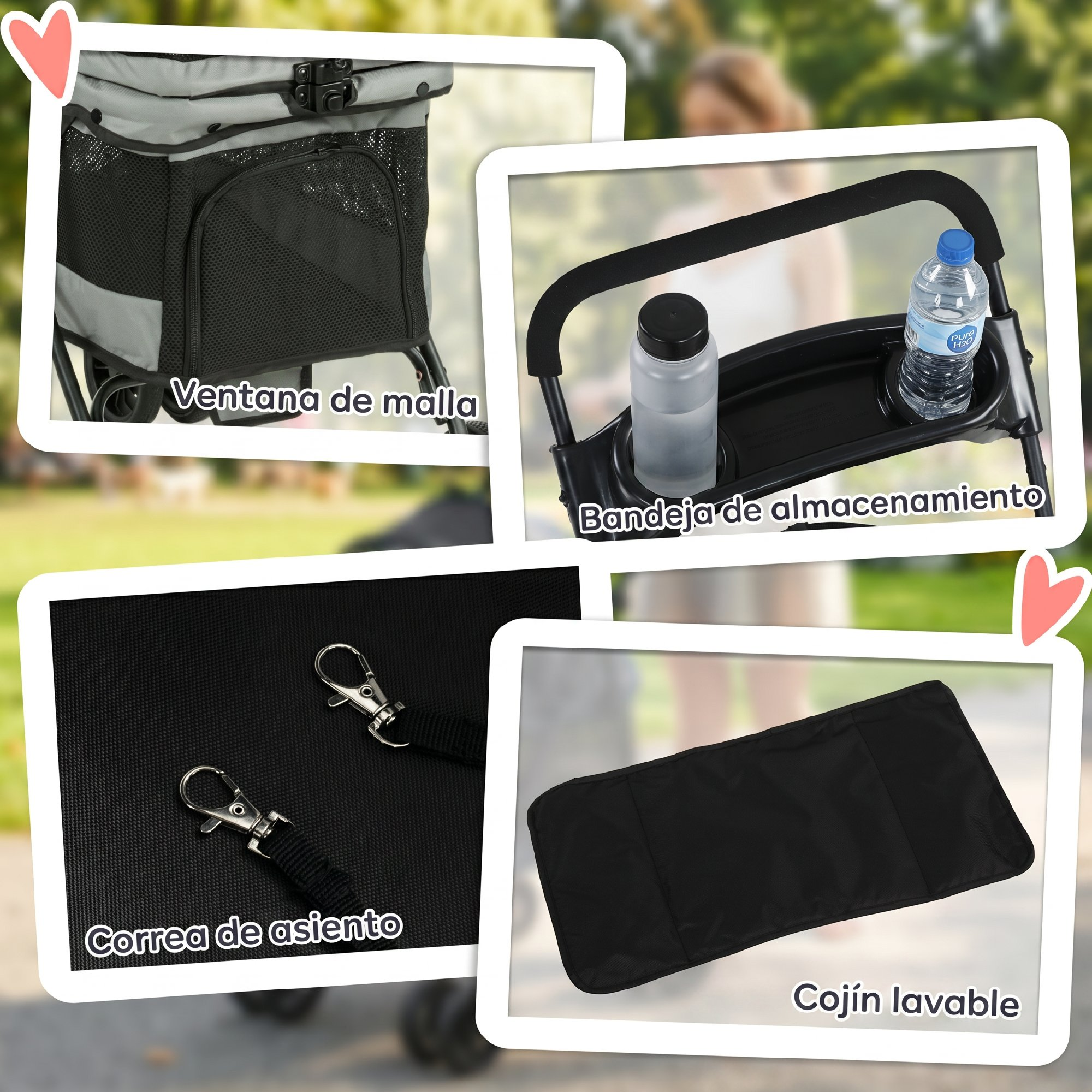 Cuatro imágenes de un carrito para mascotas: ventana de malla, bandeja con botellas, correas y cojín lavable.