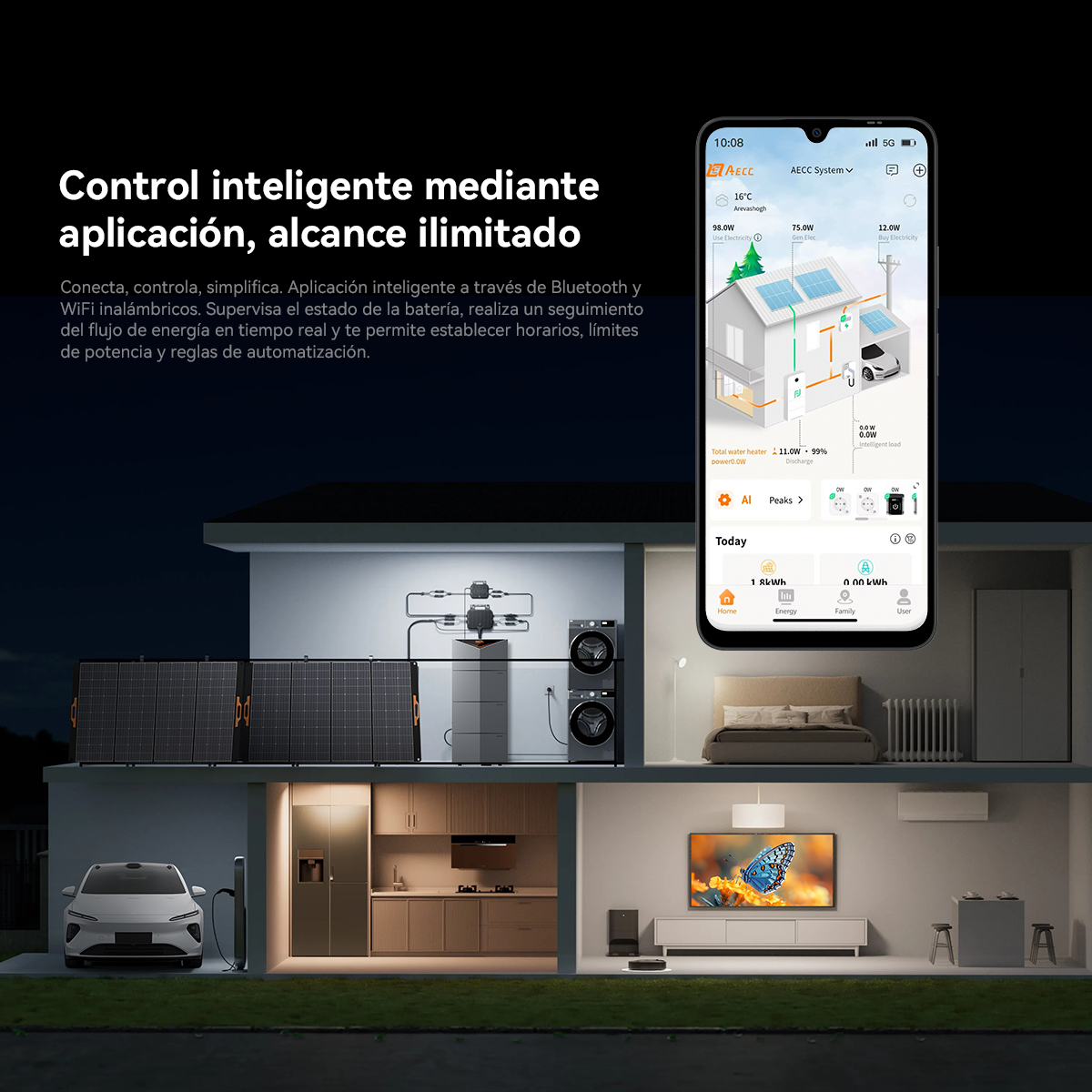 Casa con paneles solares, batería y cargador EV, controlado por aplicación móvil.