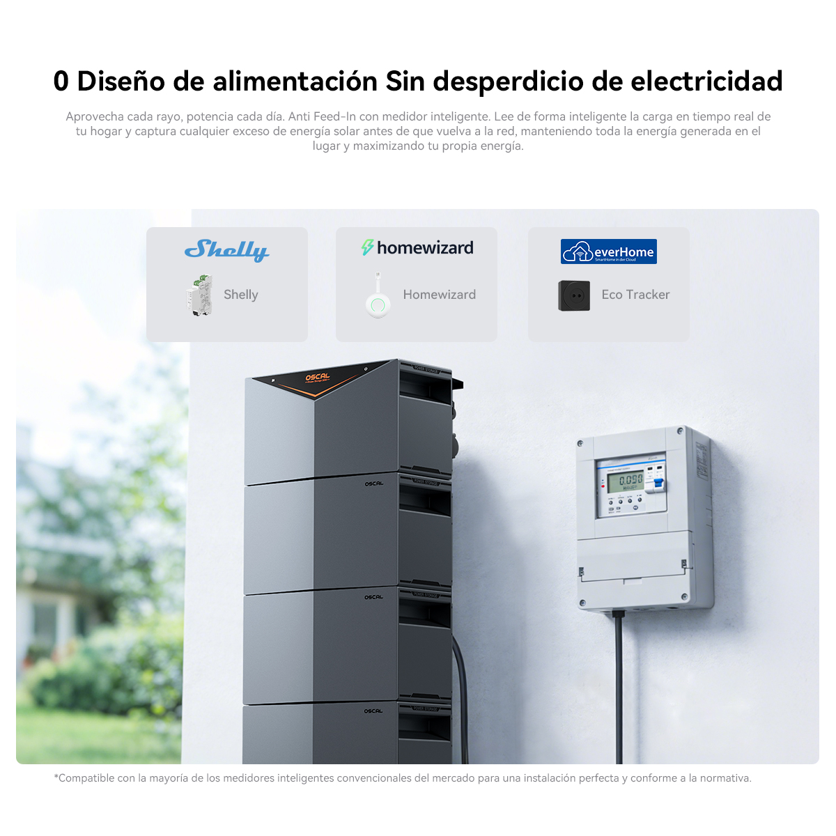 Baterías apilables Oscal con medidor inteligente y logos de marcas compatibles.