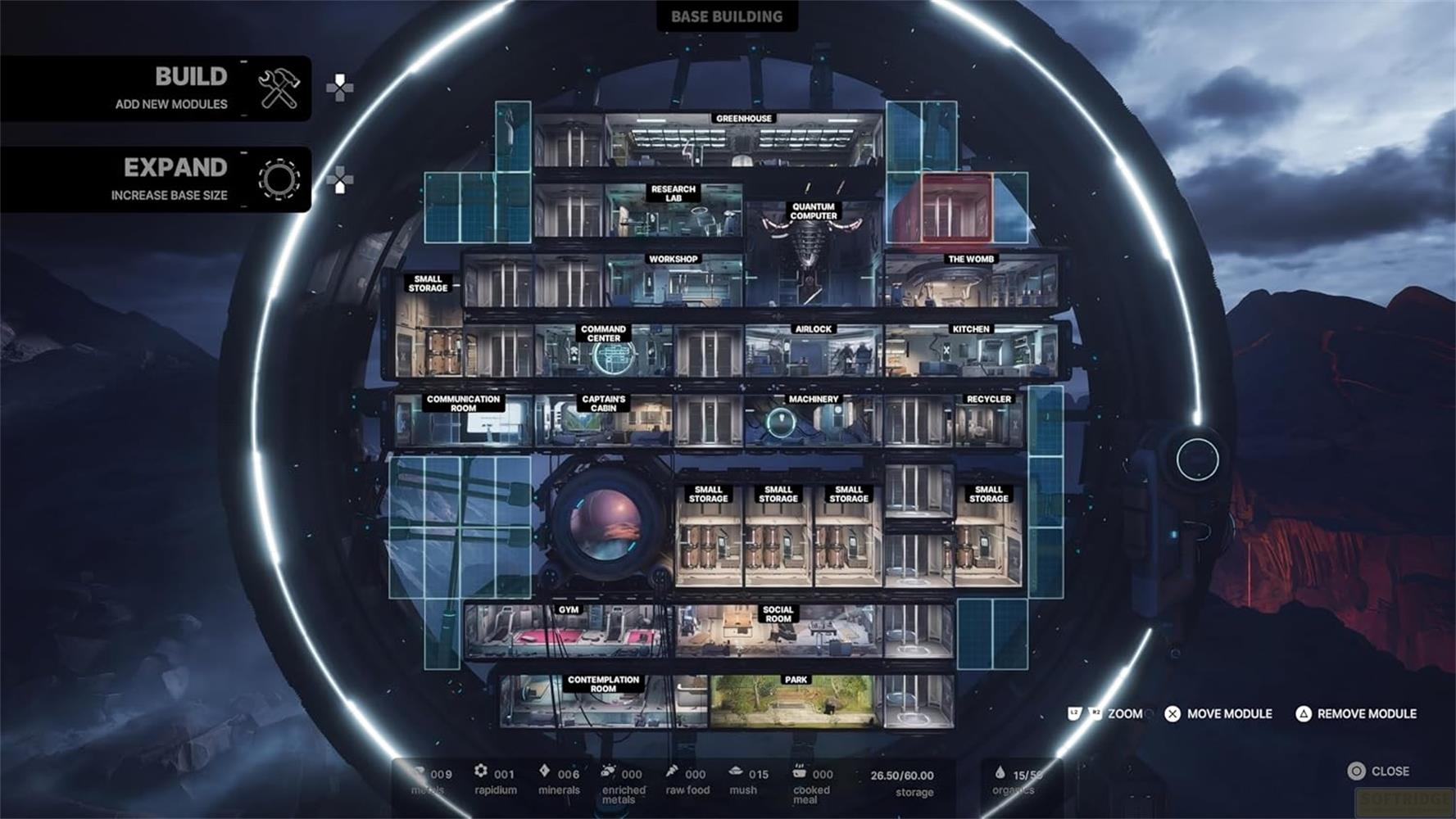Interfaccia di costruzione della base con stanze modulari e statistiche in un menu circolare.