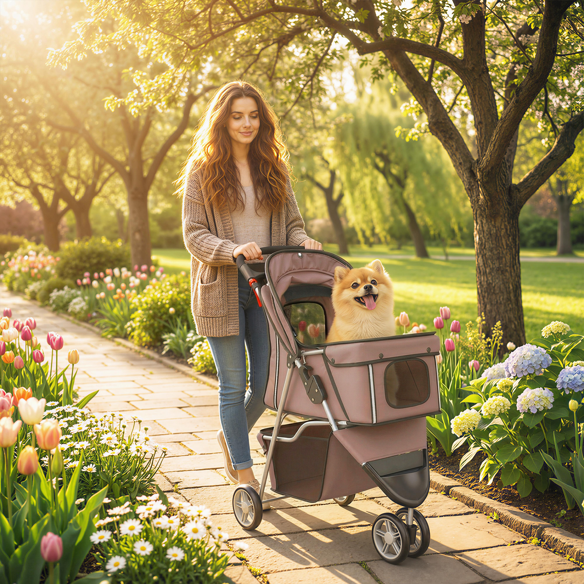 Una mujer pasea un perrito Pomerania en un carrito por un sendero soleado de parque lleno de coloridas flores.