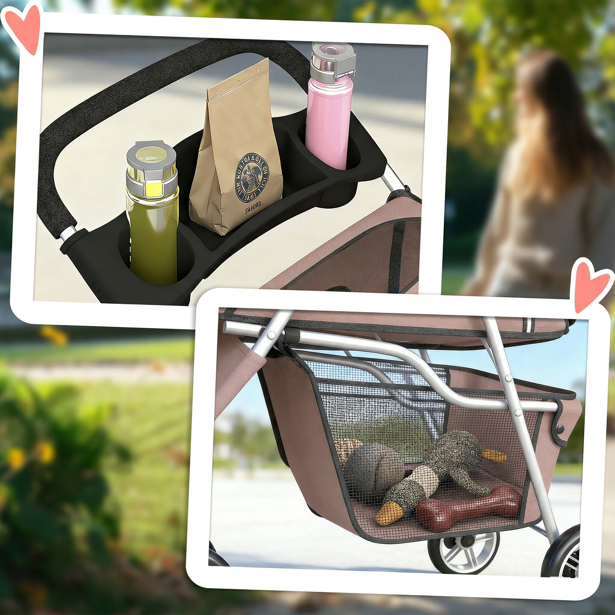 Dos fotos de un cochecito con un organizador y una cesta de almacenamiento, al aire libre en un parque.