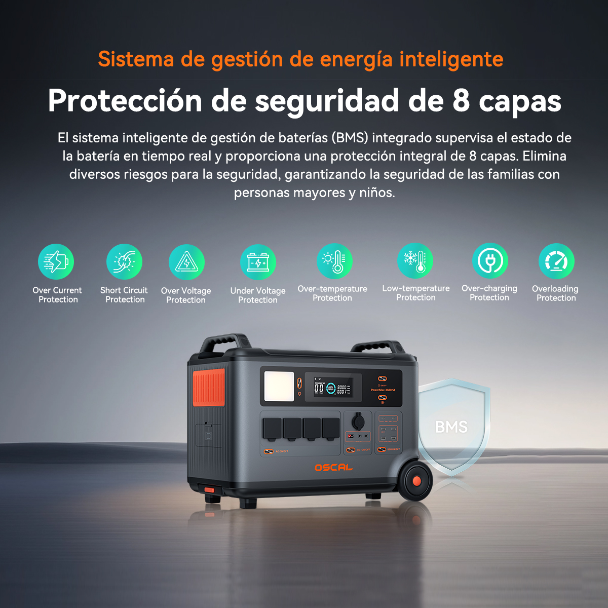 Una estación de energía portátil Oscal con funciones de seguridad como protección contra sobretensión.
