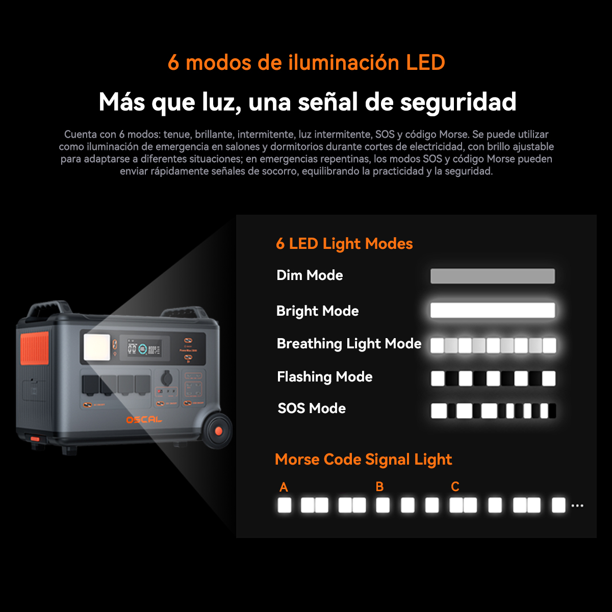 Estación de energía portátil con modos de luz LED y código Morse.