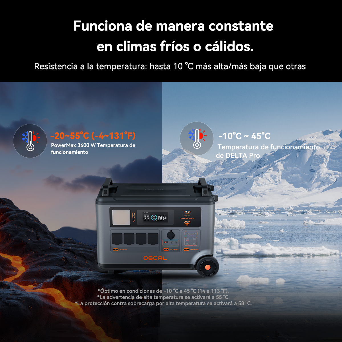 Una estación de energía portátil contra una escena dividida de lava caliente y montañas nevadas.