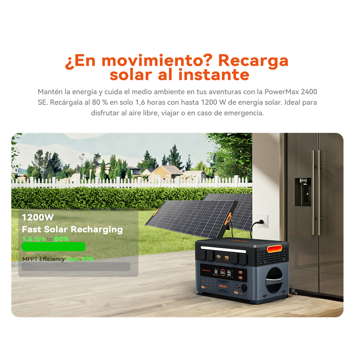 Generador solar PowerMax 2400 SE en una terraza de madera con paneles solares.