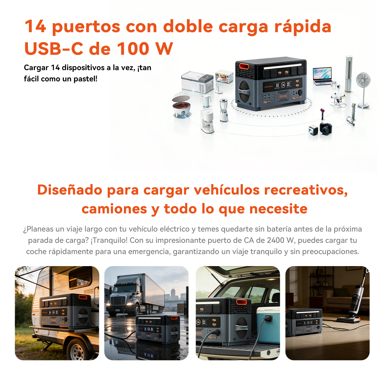 Estación de energía portátil con múltiples puertos que alimenta varios dispositivos y vehículos.
